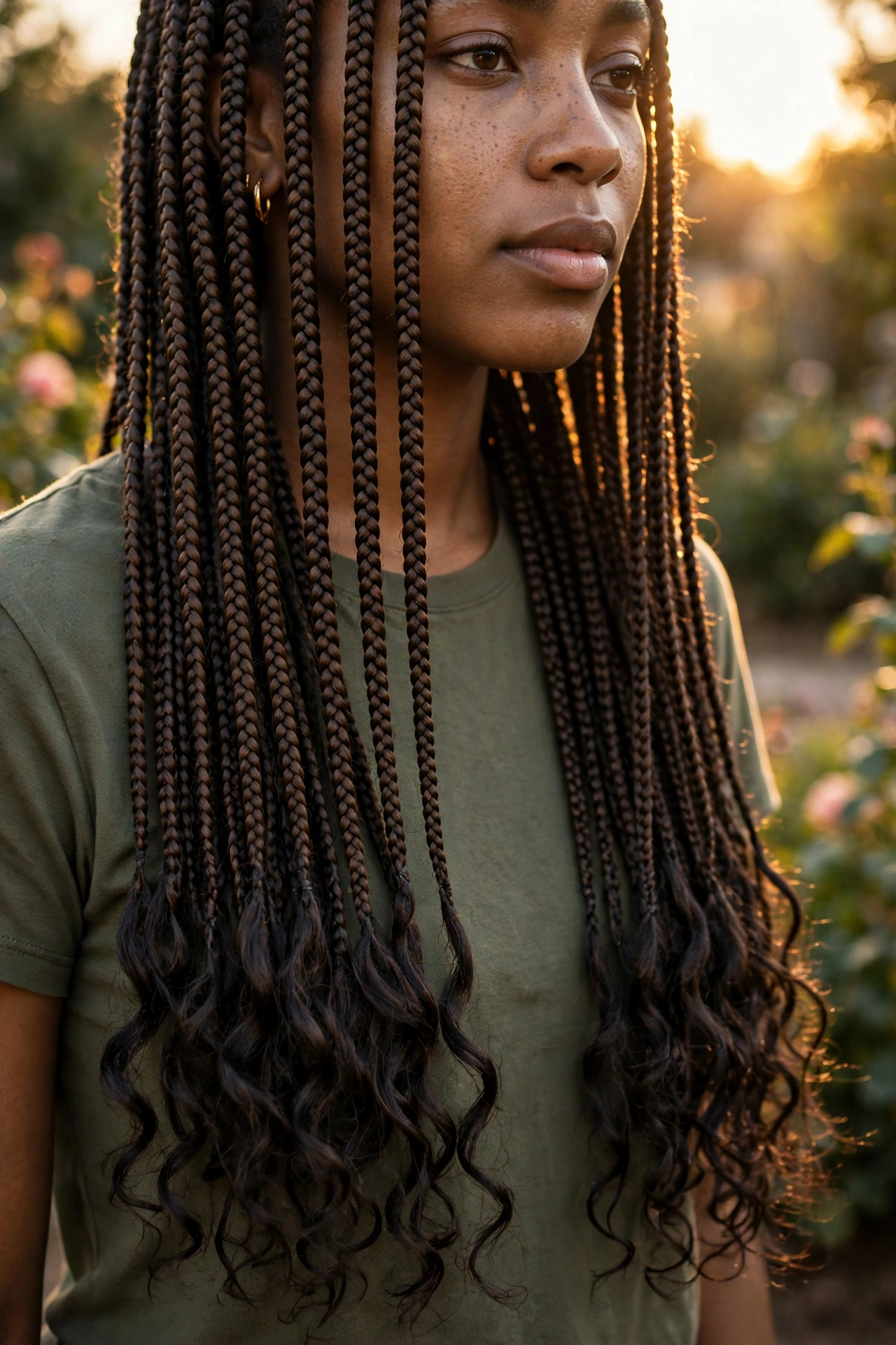 Close-up of the ends of waist-length box braids with wavy ends, photographed outdoors in golden light with a blurred garden background.