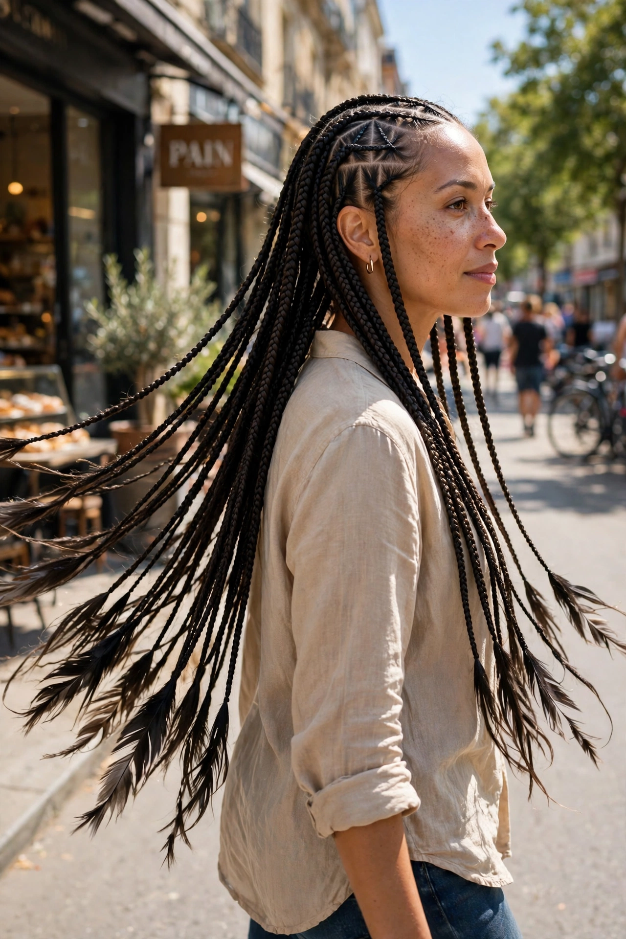 A woman with triangle-parted waist-length braids with layered ends, walking outdoors on a sunny street, the long plaits swinging naturally, with swinging feathered ends.