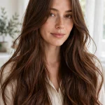 A woman with very long, flowing chestnut-brown hair and long curtain bangs parted in the centre, standing in a bright room with soft daylight, photographed from the chest up so the flowing frame around her face and shoulders is clearly visible.