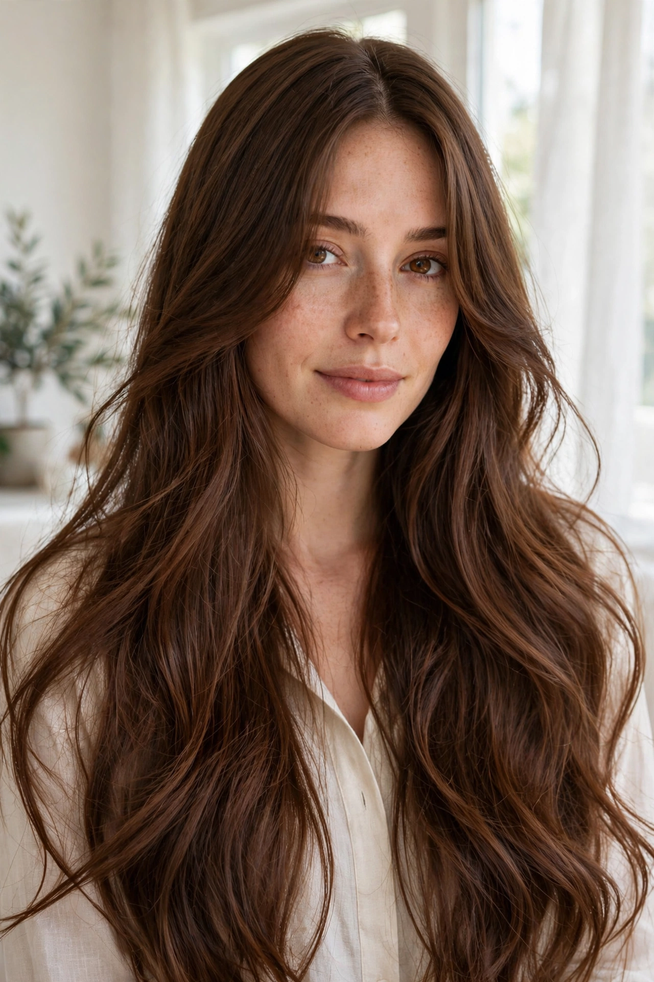 A woman with very long, flowing chestnut-brown hair and long curtain bangs parted in the centre, standing in a bright room with soft daylight, photographed from the chest up so the flowing frame around her face and shoulders is clearly visible.