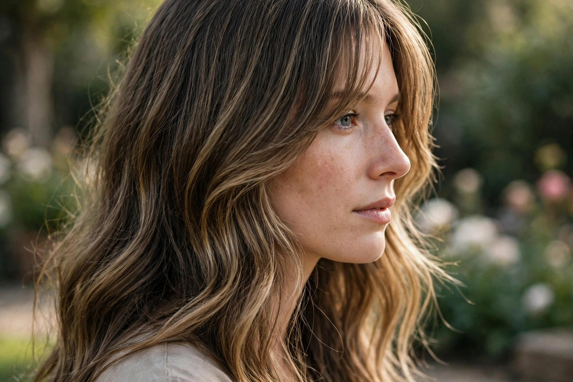 Close-up side view of a woman with long, wavy dark-blonde hair and long curtain bangs grazing her jawline, photographed outdoors in gentle afternoon light with a softly blurred garden behind her, showing the flowing sweep of the front pieces.