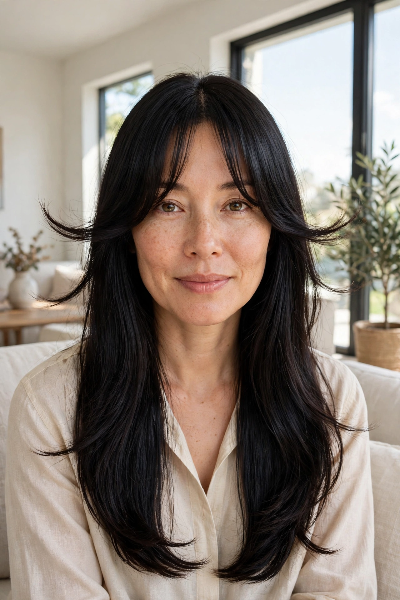 A woman with long, glossy black hair and long curtain bangs with a soft outward flick, sitting by a large window in a light, modern living room, photographed from the shoulders up in natural daylight.