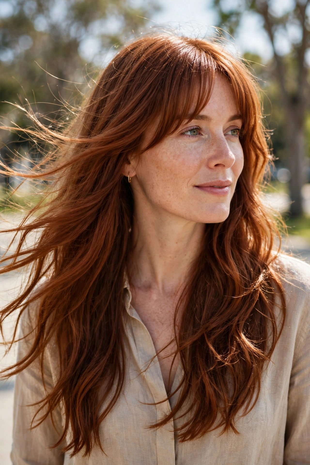 A woman with long, chest-length auburn hair and long curtain bangs with beachy movement, walking outdoors on a bright day with trees softly blurred in the background, photographed from the chest up.