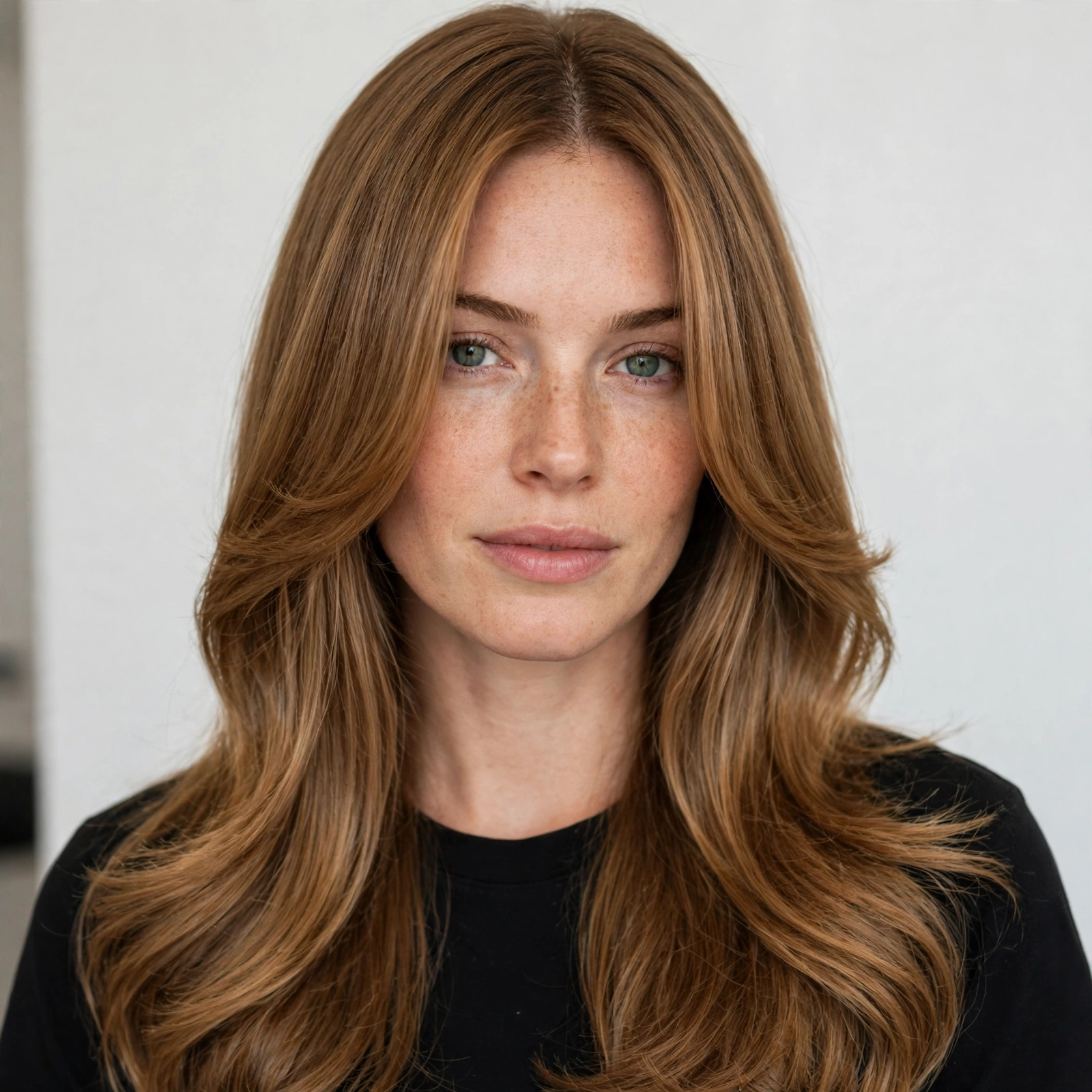 A woman with long, smooth honey-brown hair and long curtain bangs with a polished blowout finish, photographed in a bright salon-style setting with a plain light background, facing the camera from the shoulders up.