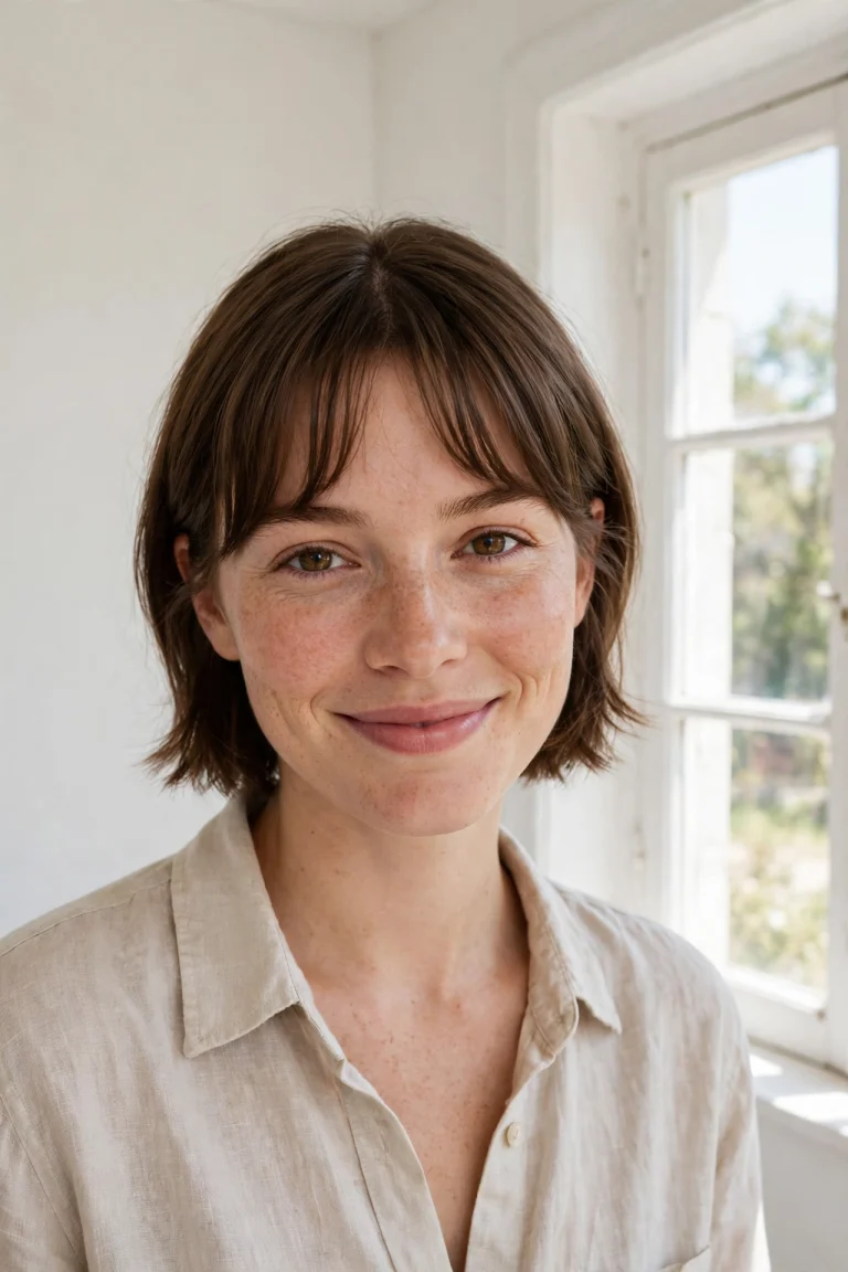 A woman with short curtain bangs parted in the centre and grazing her brows, smiling softly in a bright room with white walls and daylight from a window, photographed from the chest up with the fresh, open frame clearly visible.