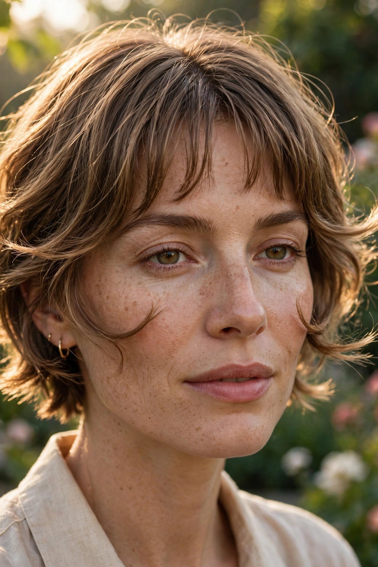 Close-up of a woman with short curtain bangs with a cheekbone flick, photographed outdoors in soft morning light against a blurred garden background, showing the short, bouncy front pieces.