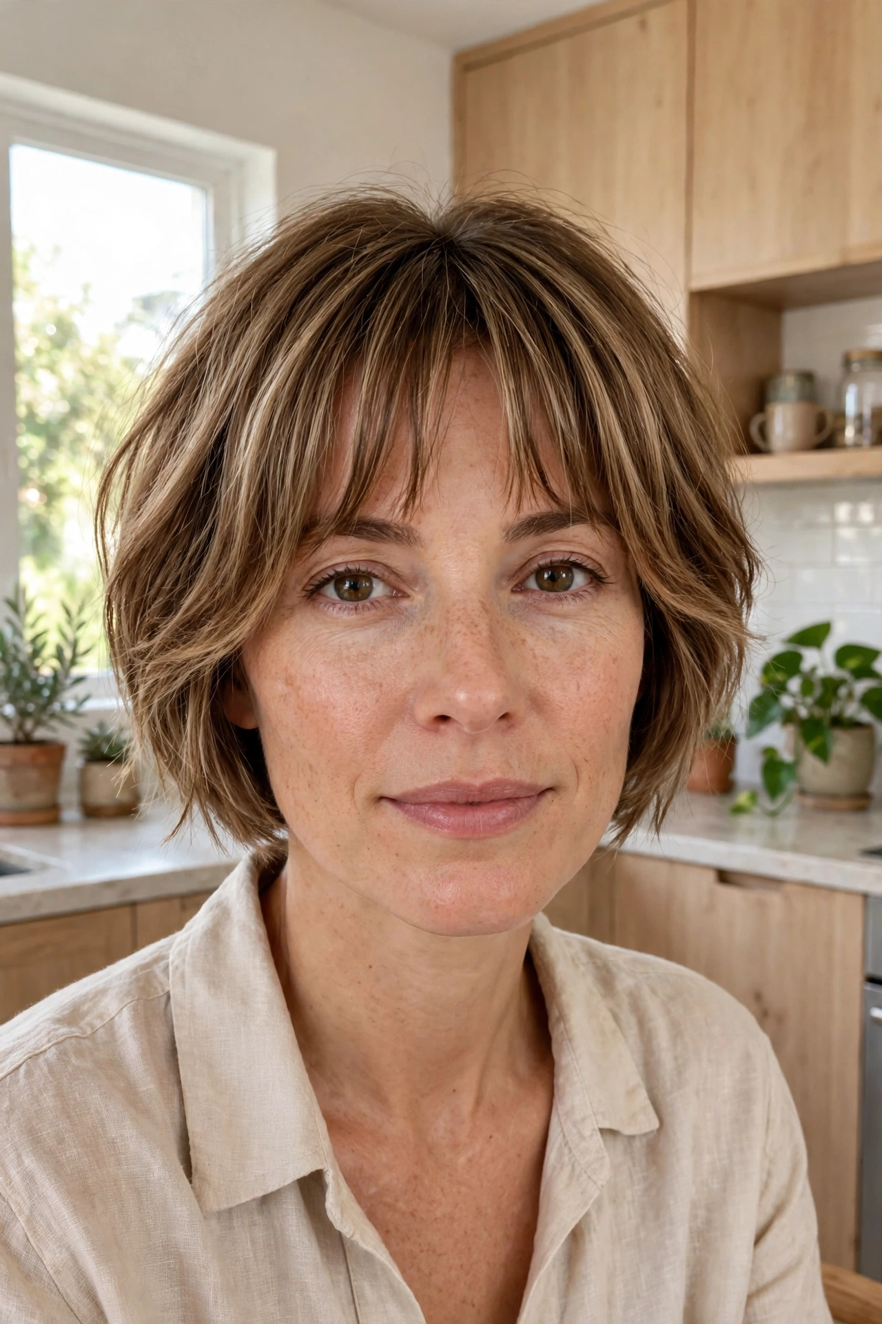 A woman with short curtain bangs with a piecey textured edge, sitting in a bright, modern kitchen with light wood and plants, photographed from the shoulders up in natural daylight.