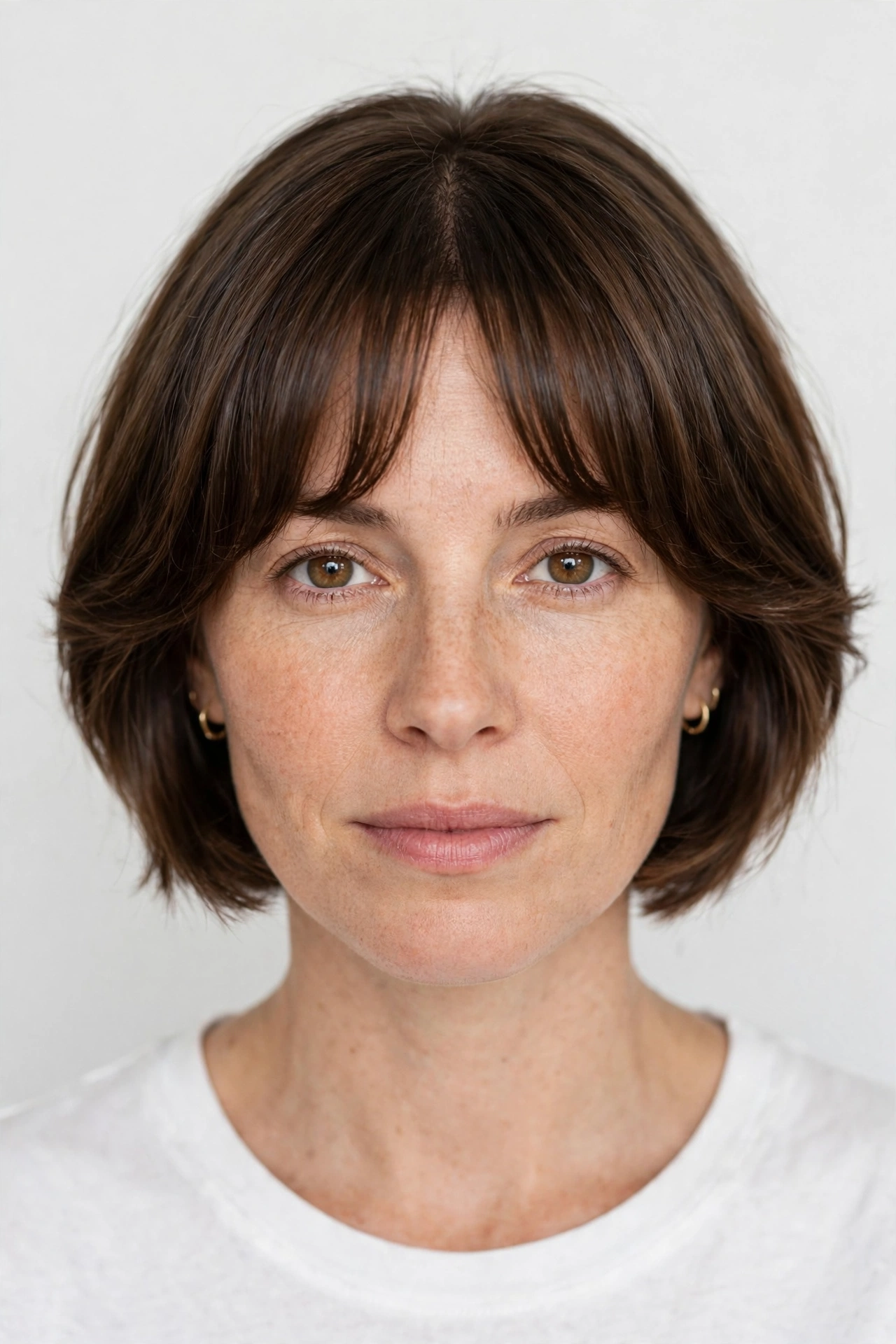 A woman with short curtain bangs with a smooth polished edge, photographed in a bright studio setting with a plain light background, facing the camera from the chest up.
