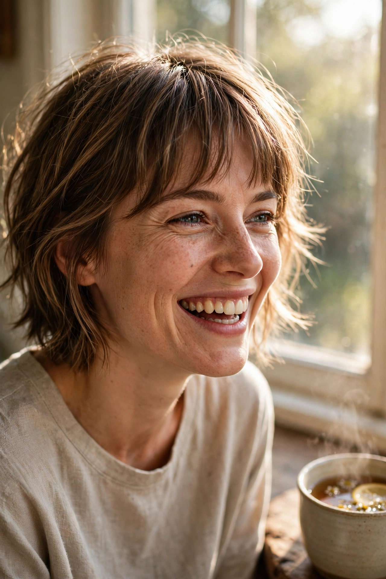 A woman with short curtain bangs with a tousled morning finish, laughing gently by a sunny window with a cup of tea nearby, photographed from the shoulders up in warm daylight.