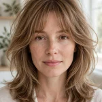 A woman with fine, light-brown hair and curtain bangs with visible root lift, photographed in a bright room with soft daylight, from the chest up, showing the full, airy frame around her face.