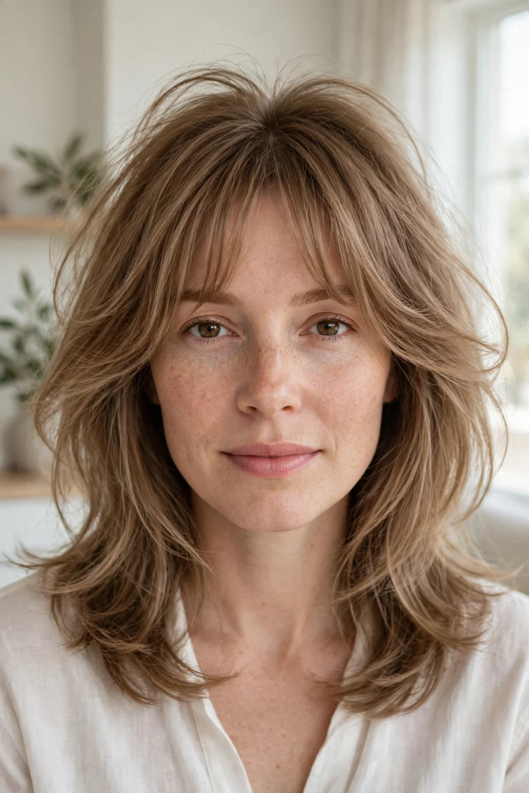 A woman with fine, light-brown hair and curtain bangs with visible root lift, photographed in a bright room with soft daylight, from the chest up, showing the full, airy frame around her face.