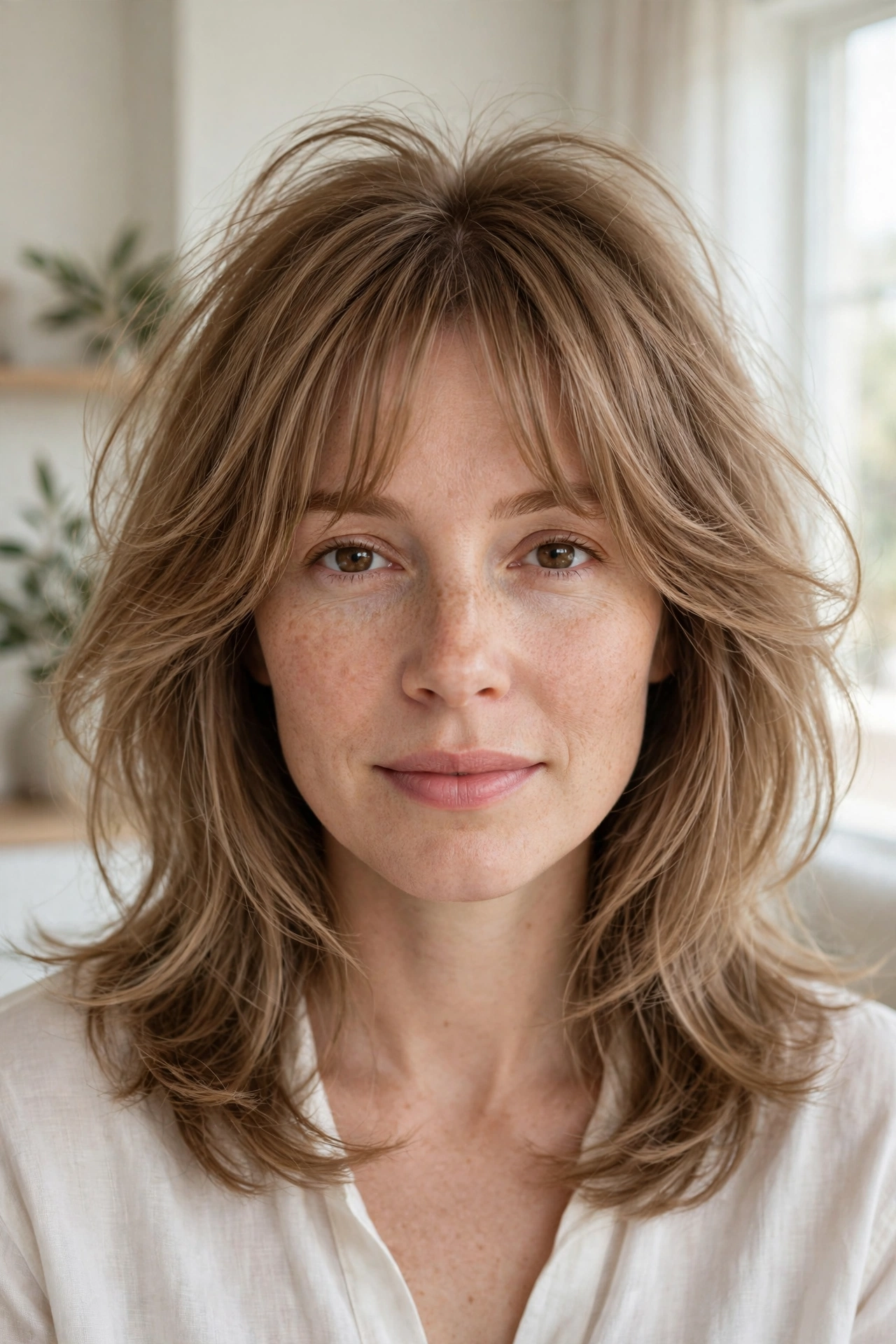 A woman with fine, light-brown hair and curtain bangs with visible root lift, photographed in a bright room with soft daylight, from the chest up, showing the full, airy frame around her face.