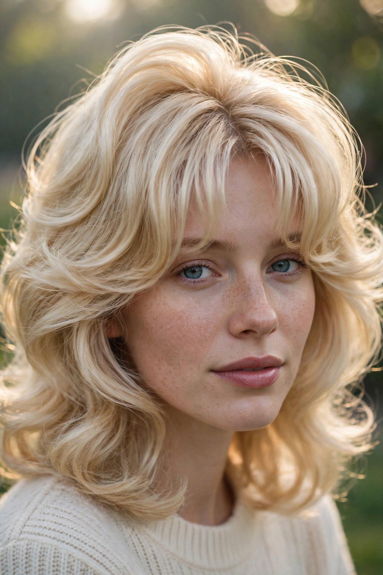 Close-up of a woman with fine blonde hair and curtain bangs with a bouncy blowout finish, photographed outdoors in gentle morning light with a softly blurred background, showing lift at the roots.
