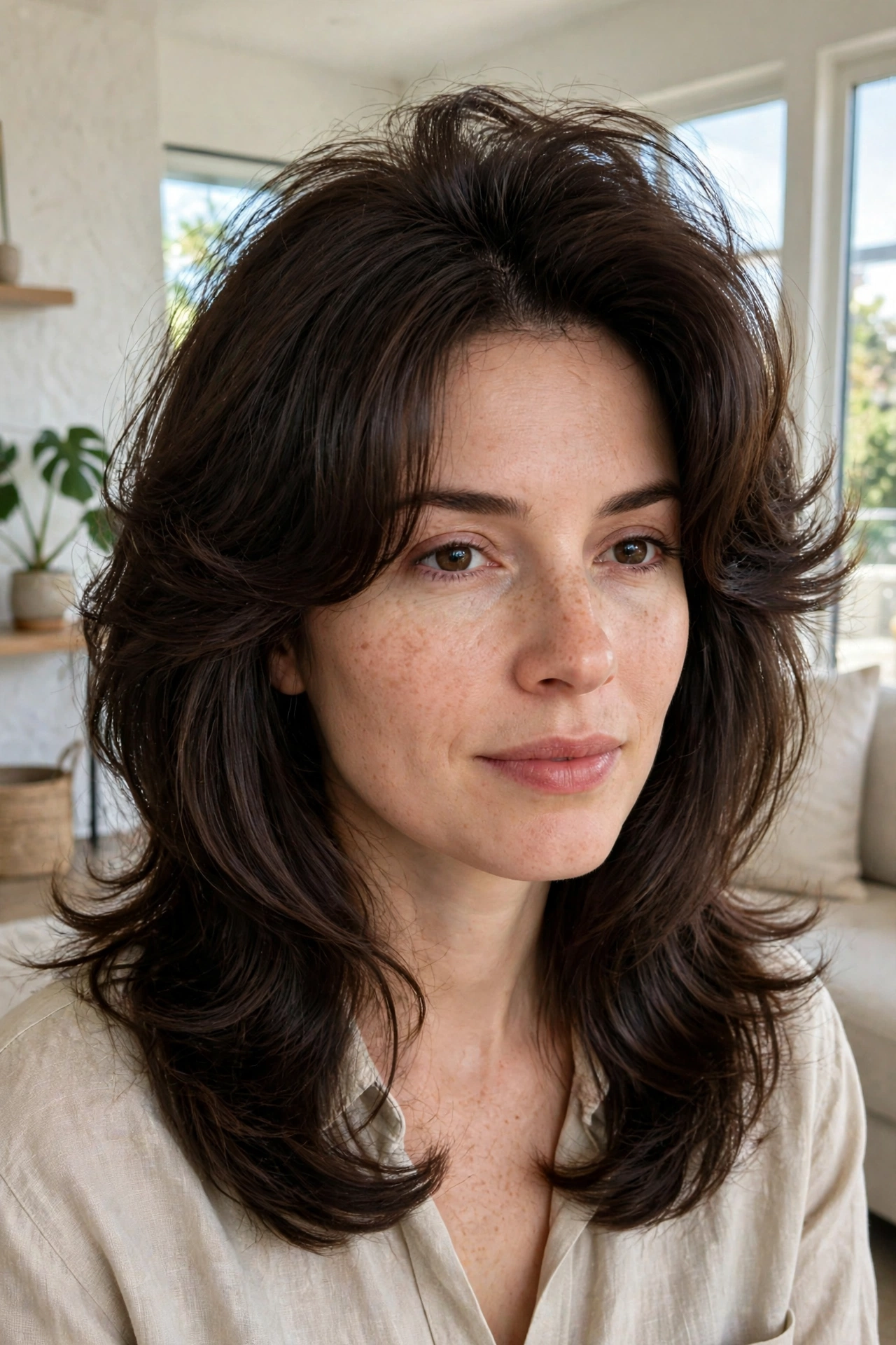 A woman with fine dark-brown hair and curtain bangs with a lifted, voluminous blowout shape, sitting in a bright modern living room, photographed from the shoulders up in natural daylight.