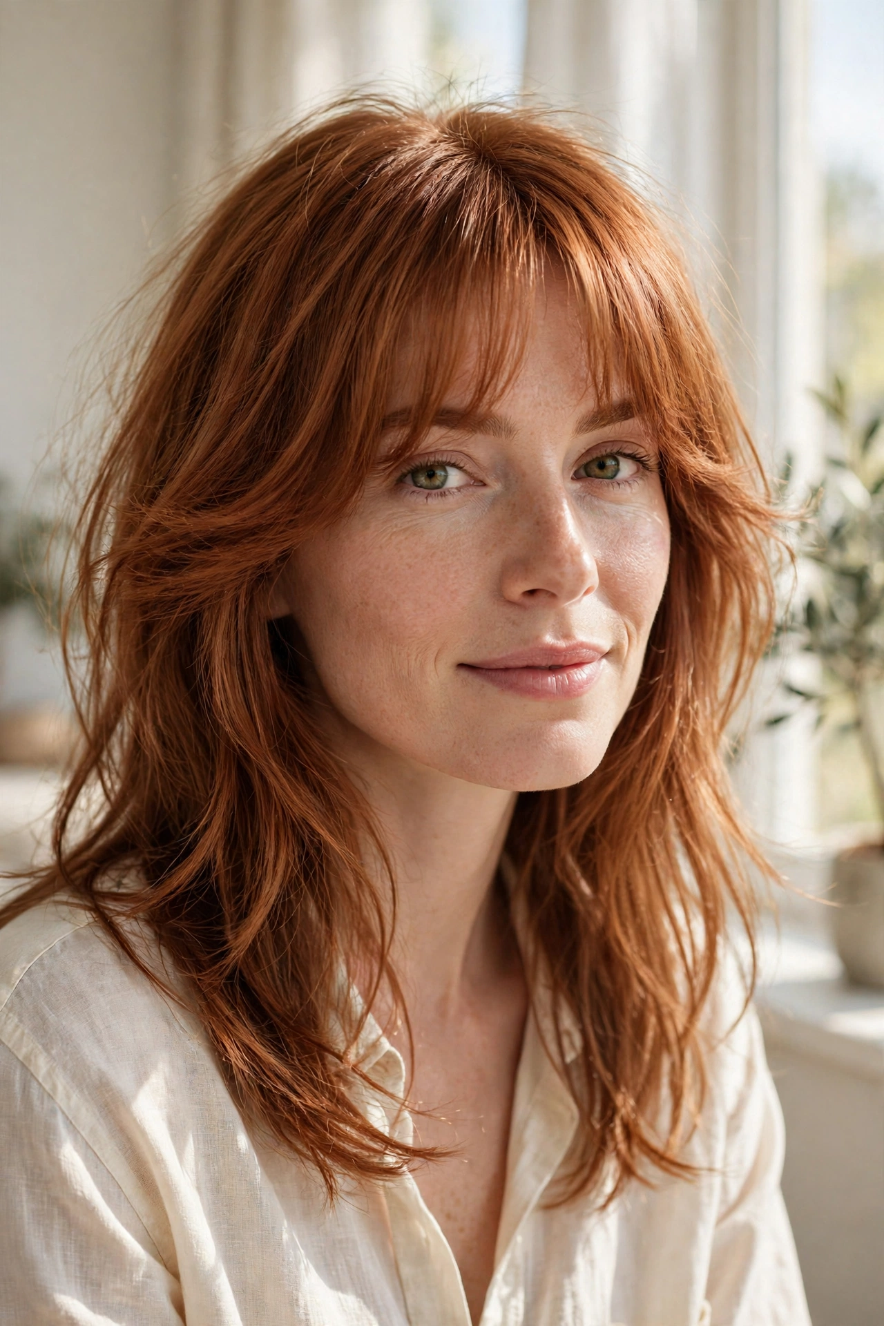 A woman with fine auburn hair and curtain bangs with airy volume, photographed by a sunny window in a light, airy room, from the chest up.