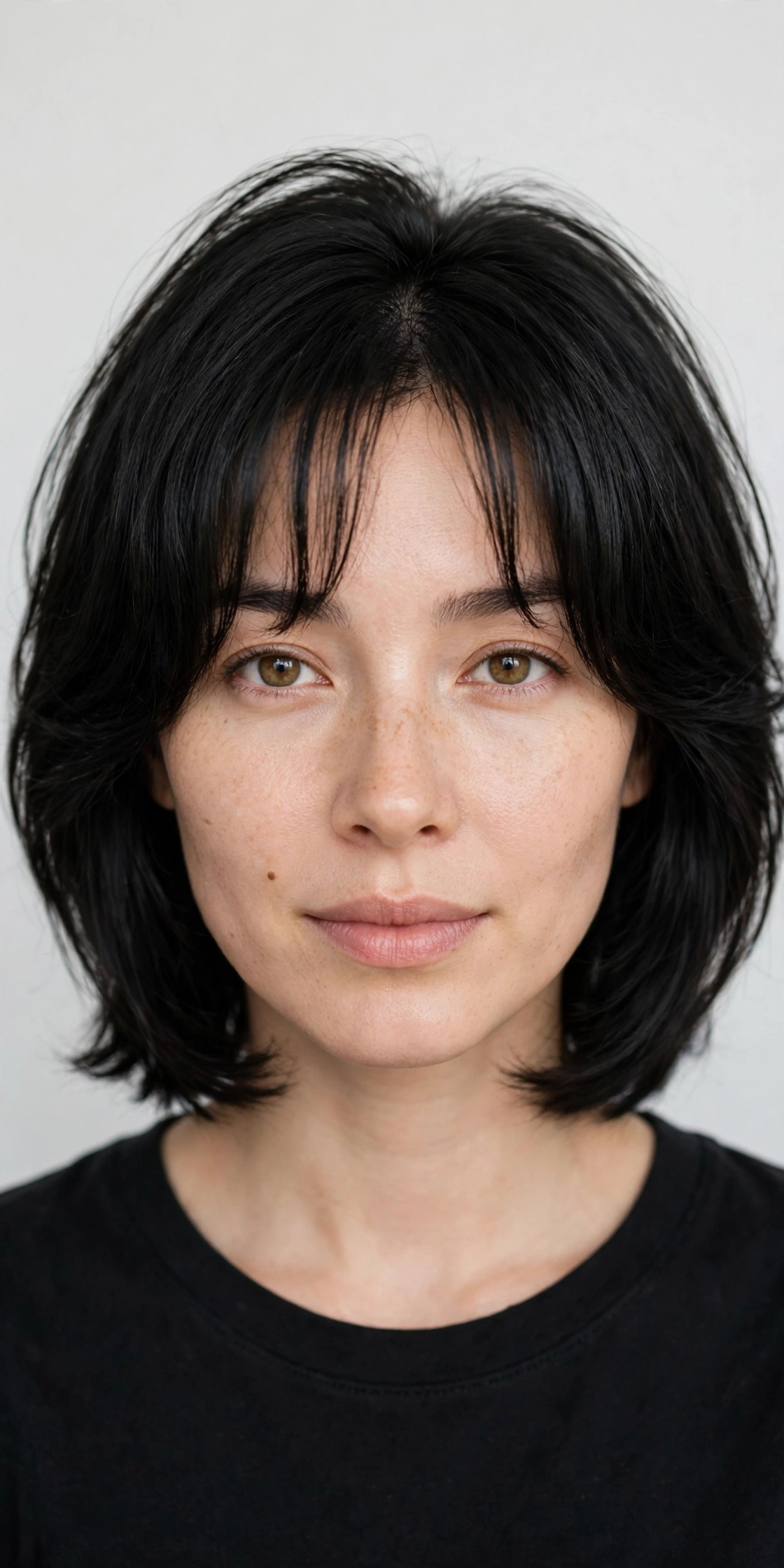 A woman with fine black hair and curtain bangs with a rounded lifted silhouette, photographed in a bright studio setting with a plain light background, facing the camera from the shoulders up.