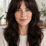 A woman with thick, dark-brown hair and soft curtain bangs with feathered ends, photographed in a bright room with soft daylight, from the chest up, showing the full but gentle frame around her face.