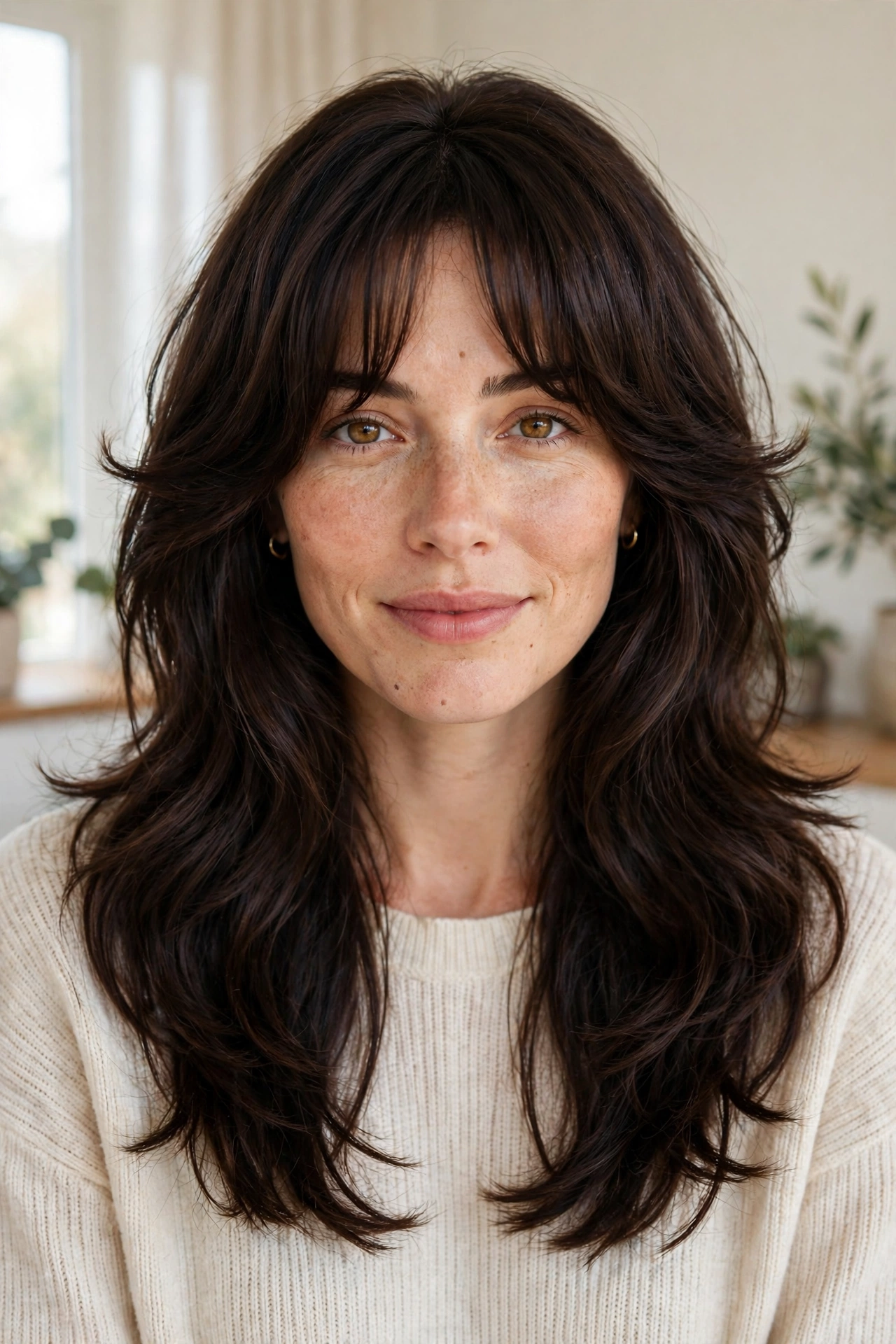 A woman with thick, dark-brown hair and soft curtain bangs with feathered ends, photographed in a bright room with soft daylight, from the chest up, showing the full but gentle frame around her face.