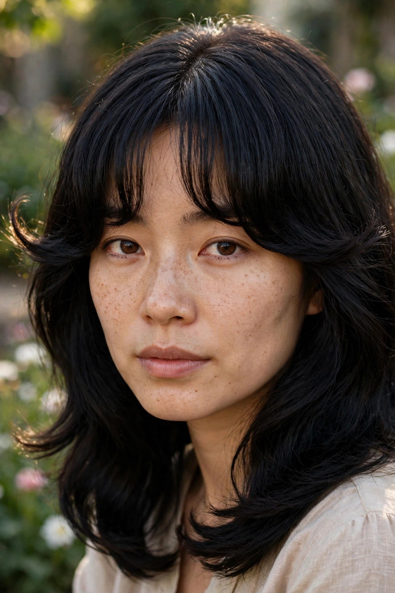 Close-up of a woman with thick black hair and curtain bangs with a soft outward bend, photographed outdoors in gentle afternoon light with a blurred garden background.