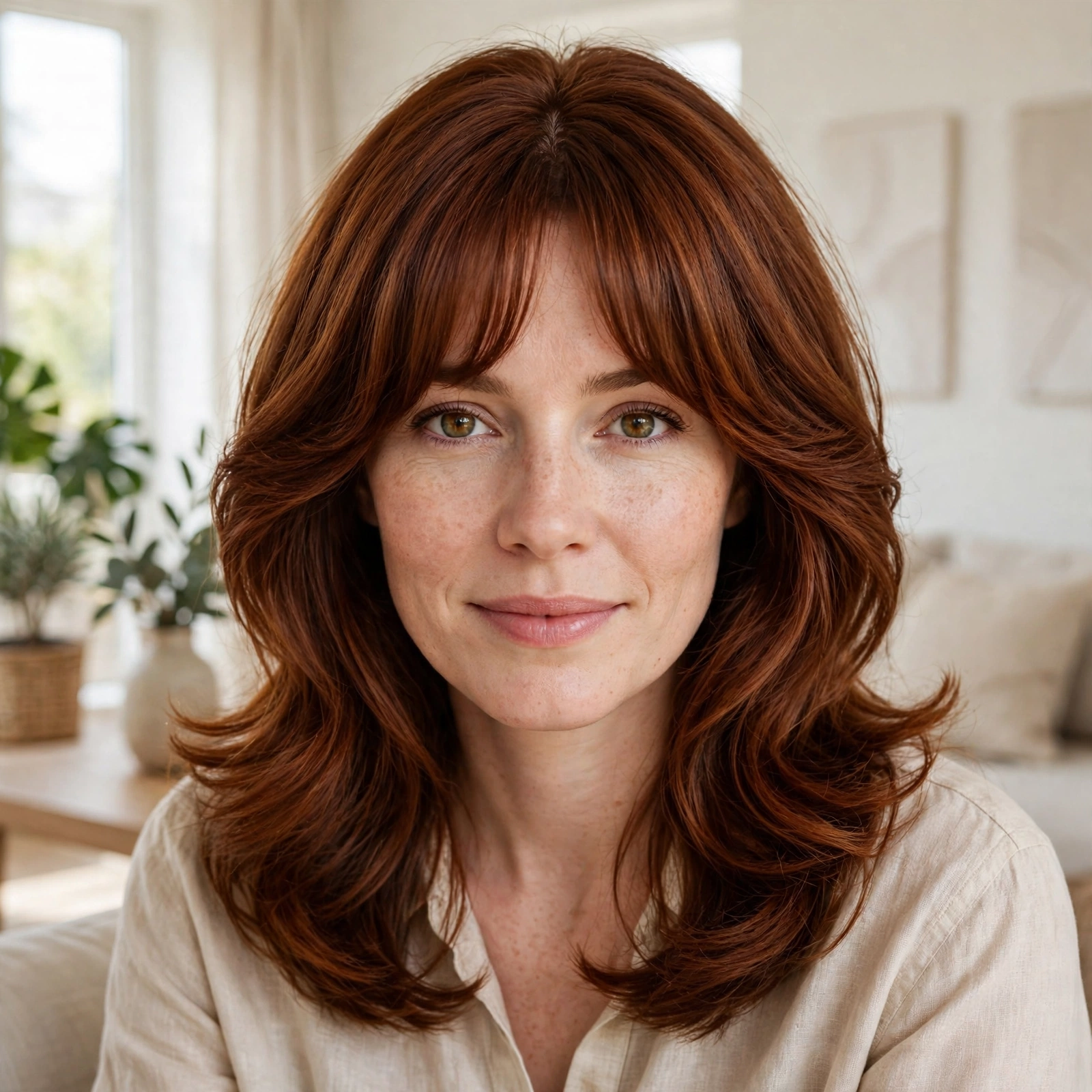 A woman with thick auburn hair and curtain bangs with a smooth soft blowout, sitting in a bright modern living room, photographed from the shoulders up in natural daylight.