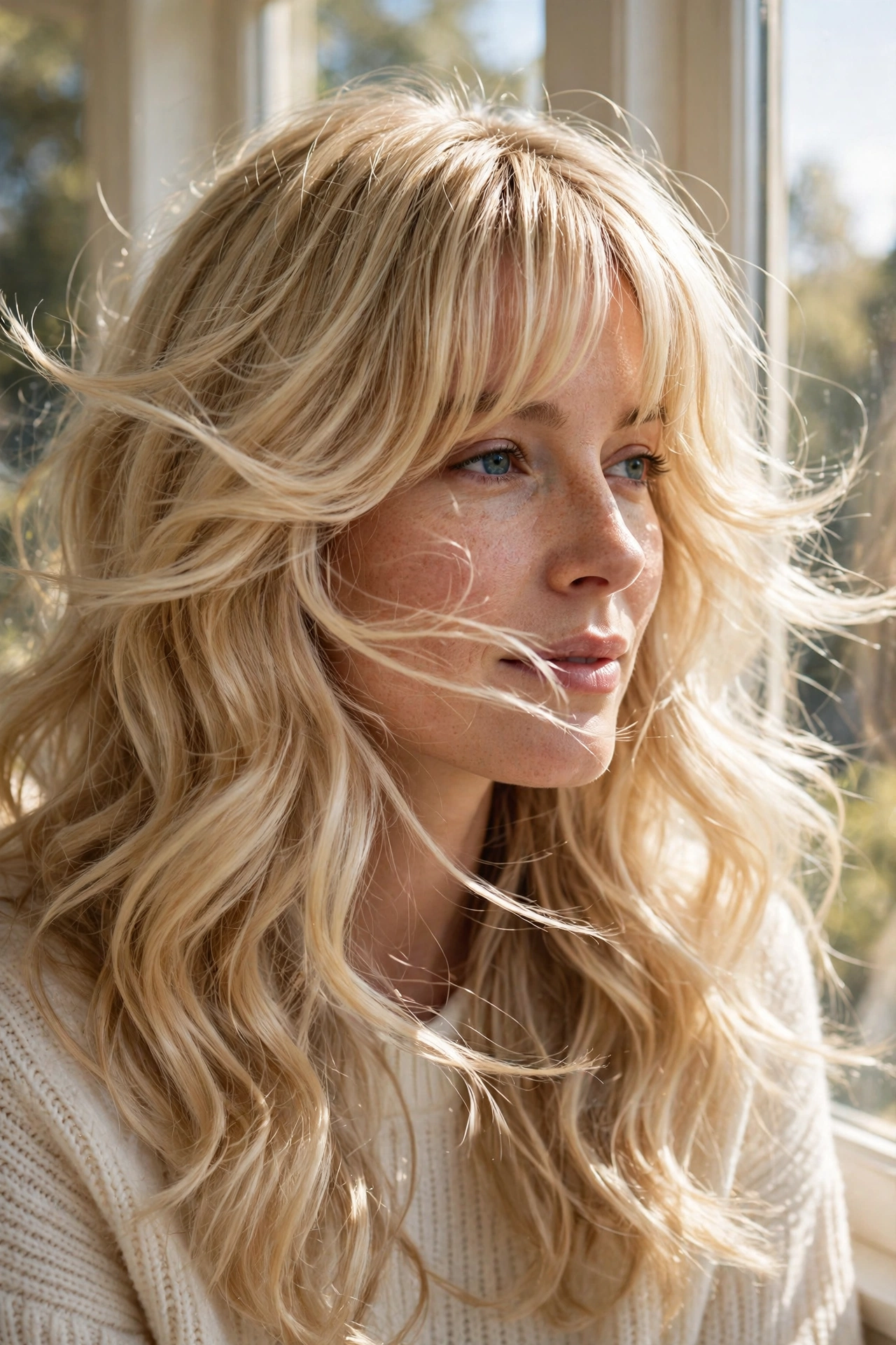 A woman with thick blonde hair and curtain bangs with gentle waves, photographed by a sunny window, from the chest up, showing soft movement around her face.