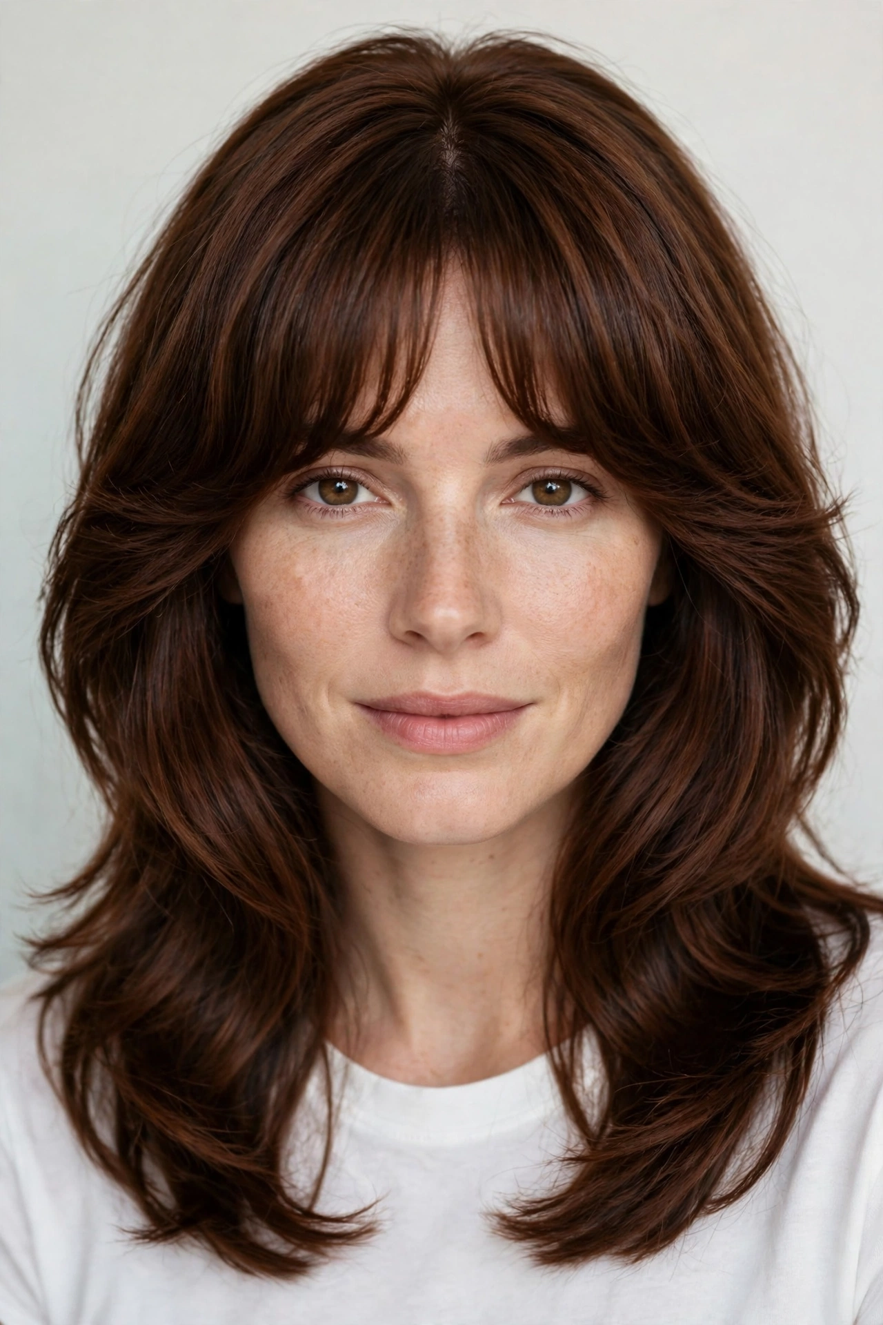 A woman with thick chestnut hair and curtain bangs with a rounded soft outline, photographed in a bright studio setting with a plain light background, facing the camera from the shoulders up.