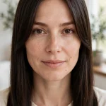 A woman with sleek, straight dark-brown hair and polished curtain bangs parted in the centre, photographed in a bright room with soft daylight, from the chest up, showing the smooth, refined frame.