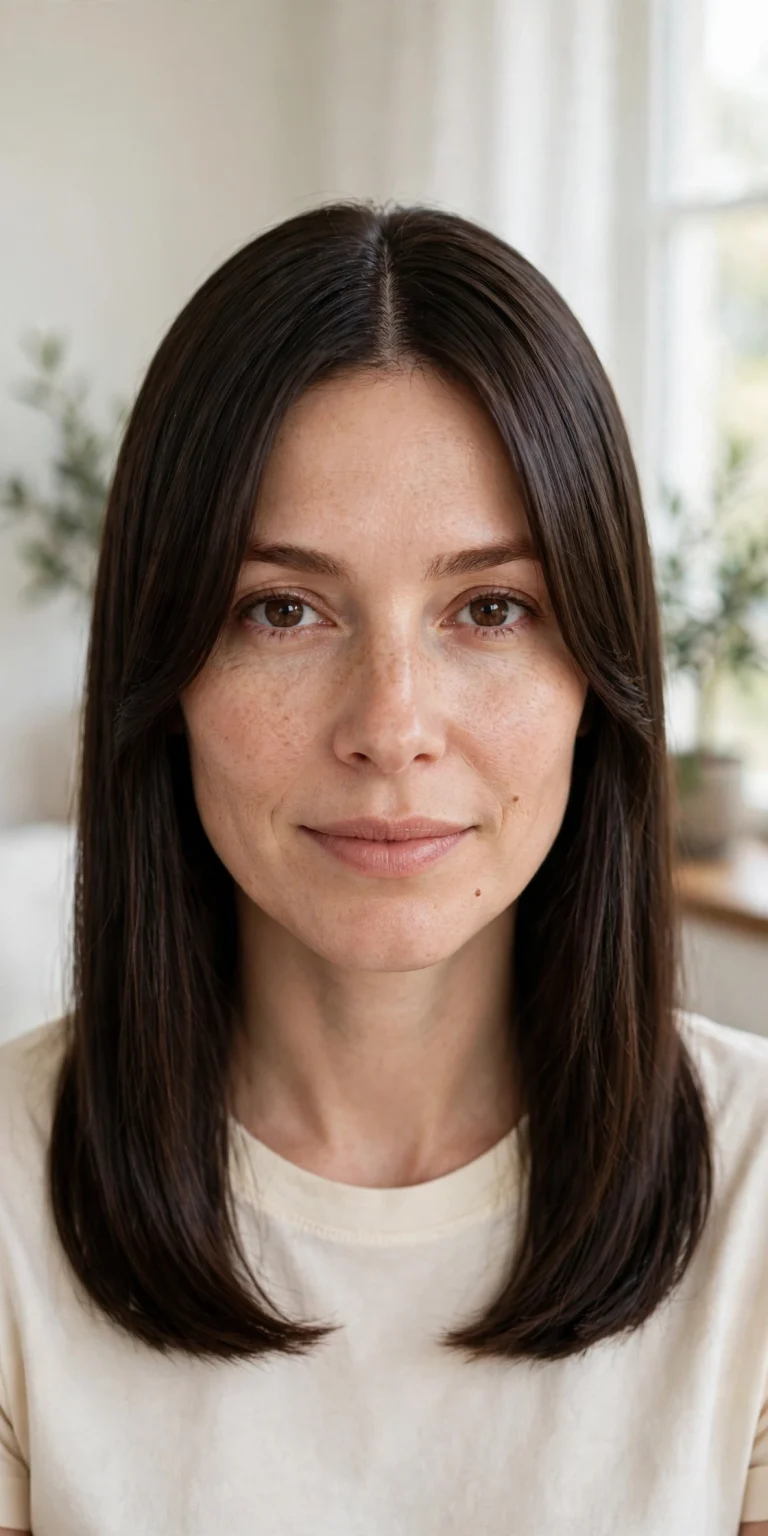 A woman with sleek, straight dark-brown hair and polished curtain bangs parted in the centre, photographed in a bright room with soft daylight, from the chest up, showing the smooth, refined frame.