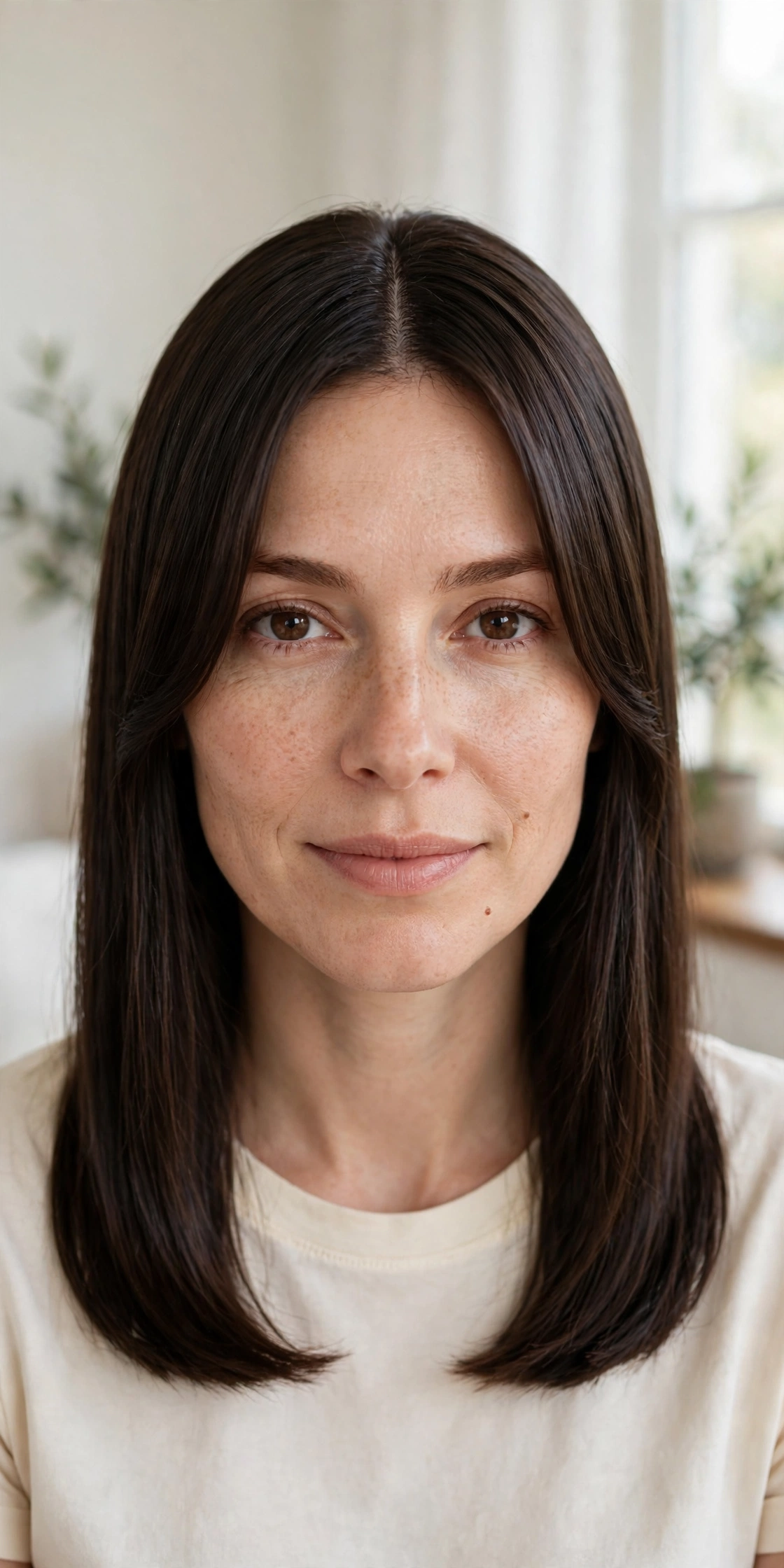 A woman with sleek, straight dark-brown hair and polished curtain bangs parted in the centre, photographed in a bright room with soft daylight, from the chest up, showing the smooth, refined frame.