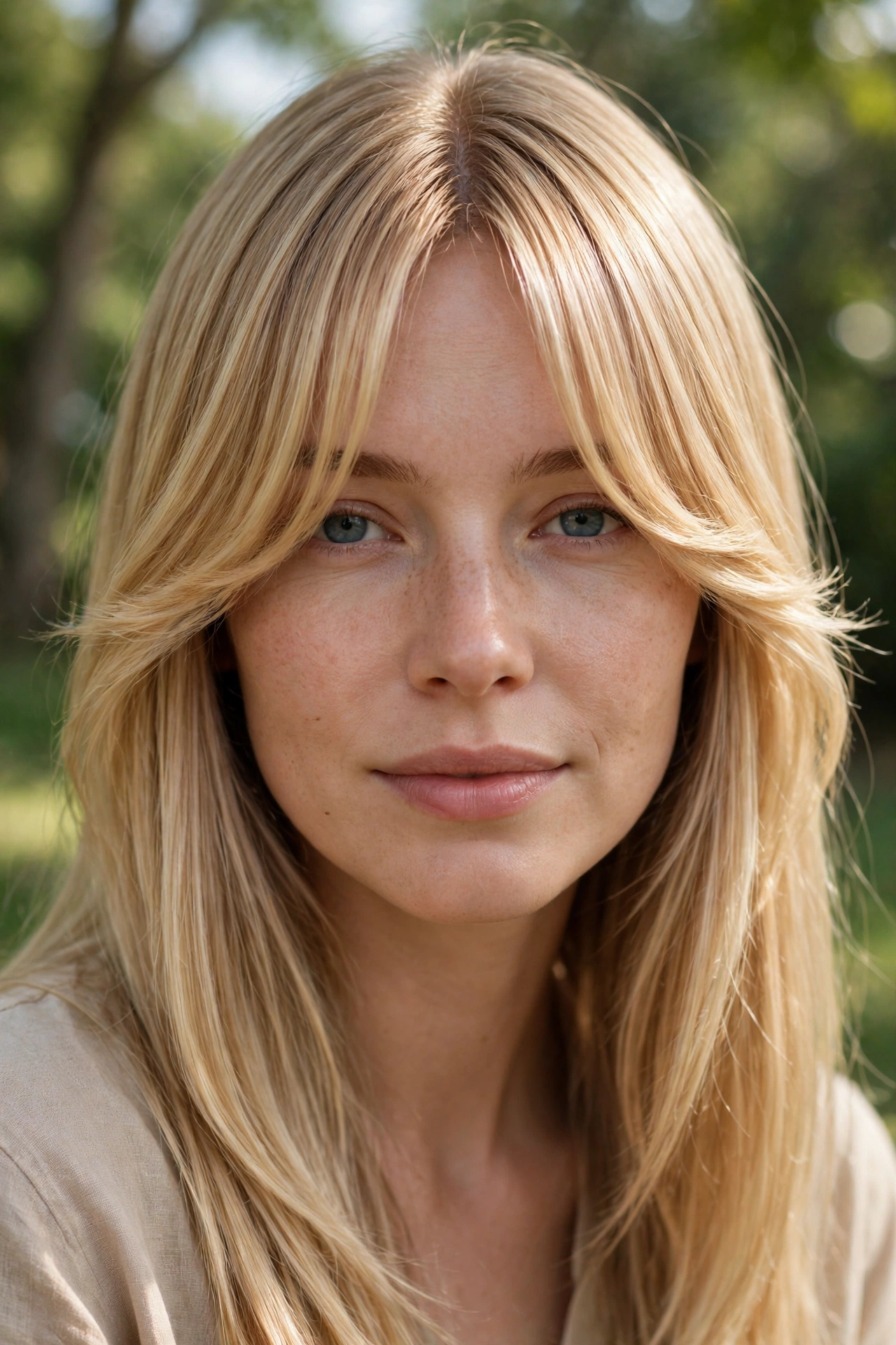 A close-up of a woman with straight blonde hair and glossy polished curtain bangs, photographed outdoors in gentle light with a softly blurred background, showing shine and smoothness.