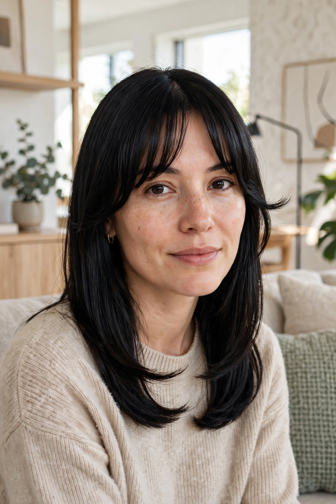 A woman with straight black hair and curtain bangs with a polished flicked edge, sitting in a bright modern living room, photographed from the shoulders up in natural daylight, wearing small gold hoop earrings.