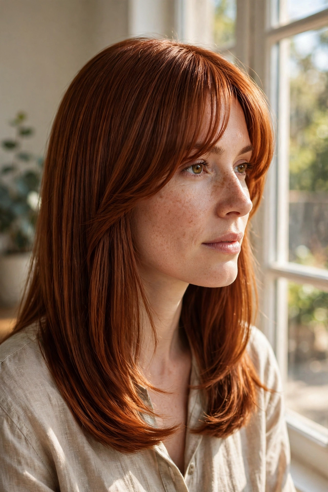 A woman with straight copper-red hair and curtain bangs with a polished blow-dried shape, photographed by a sunny window, from the chest up.