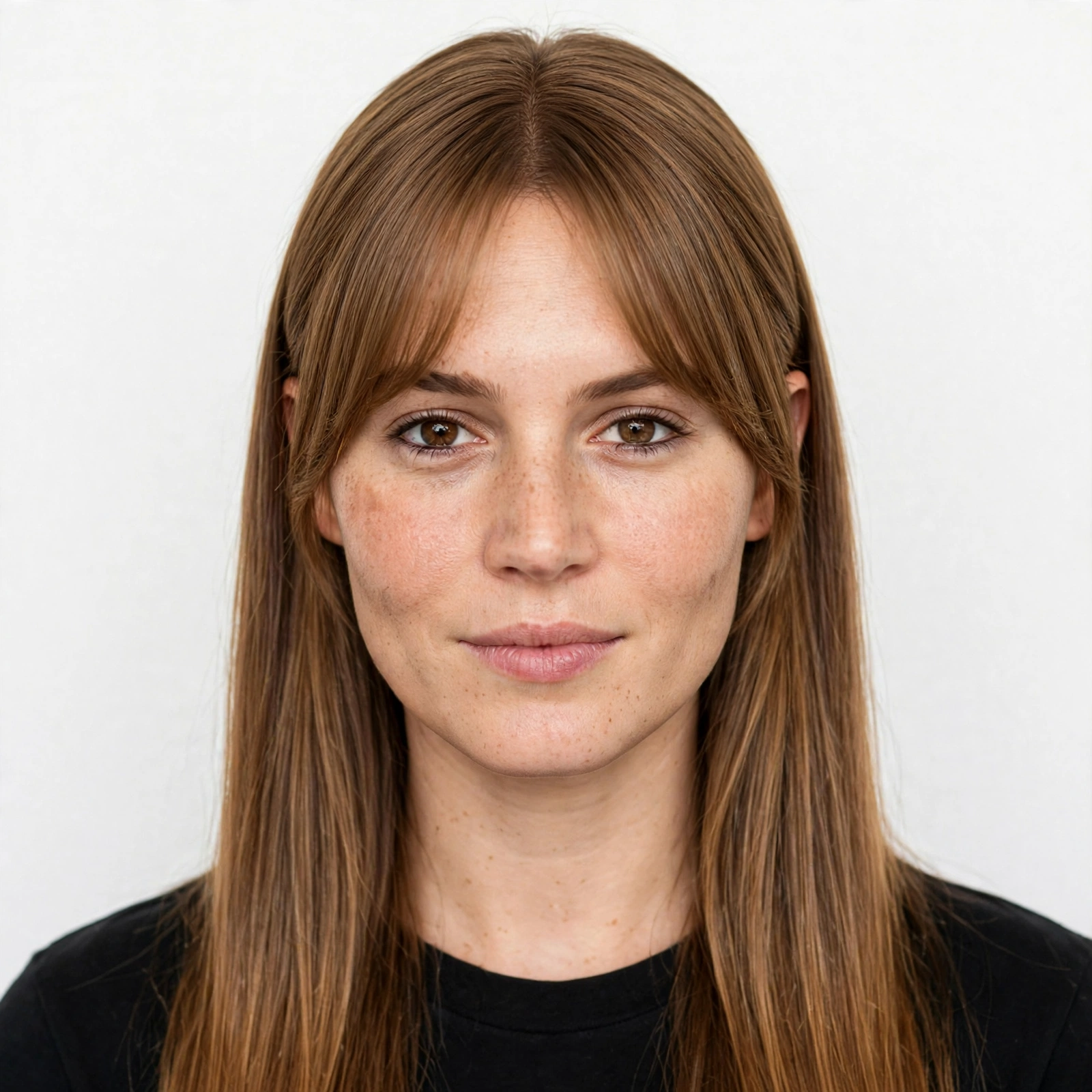 A woman with straight honey-brown hair and curtain bangs with a polished tucked finish, photographed in a bright studio setting with a plain light background, facing the camera from the shoulders up, wearing a black top.