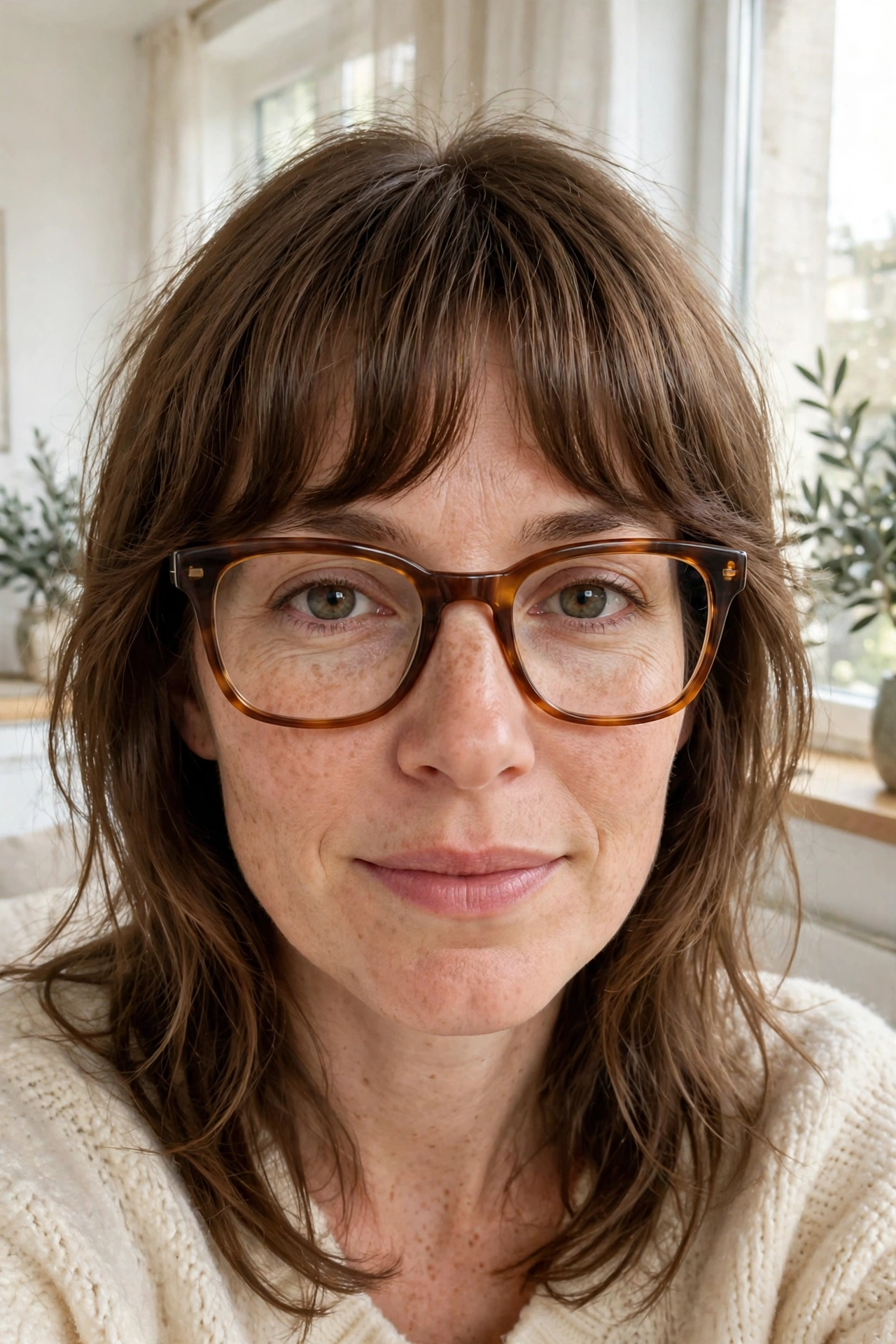 A woman with bottleneck bangs, fuller in the centre and tapering at the sides, wearing large tortoiseshell glasses and a cream knit sweater, photographed in a bright room with soft daylight, from the chest up, showing the distinctive modern retro frame clearly.