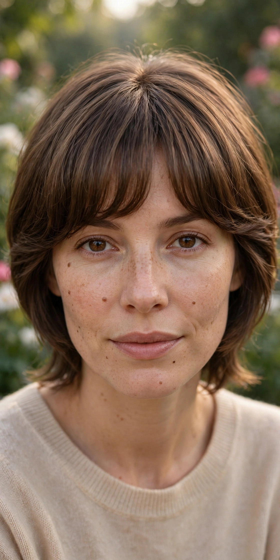 A close-up of a woman with bottleneck bangs with a soft blowout finish, photographed outdoors in gentle morning light with a blurred garden background, showing the fuller centre and tapered sides.