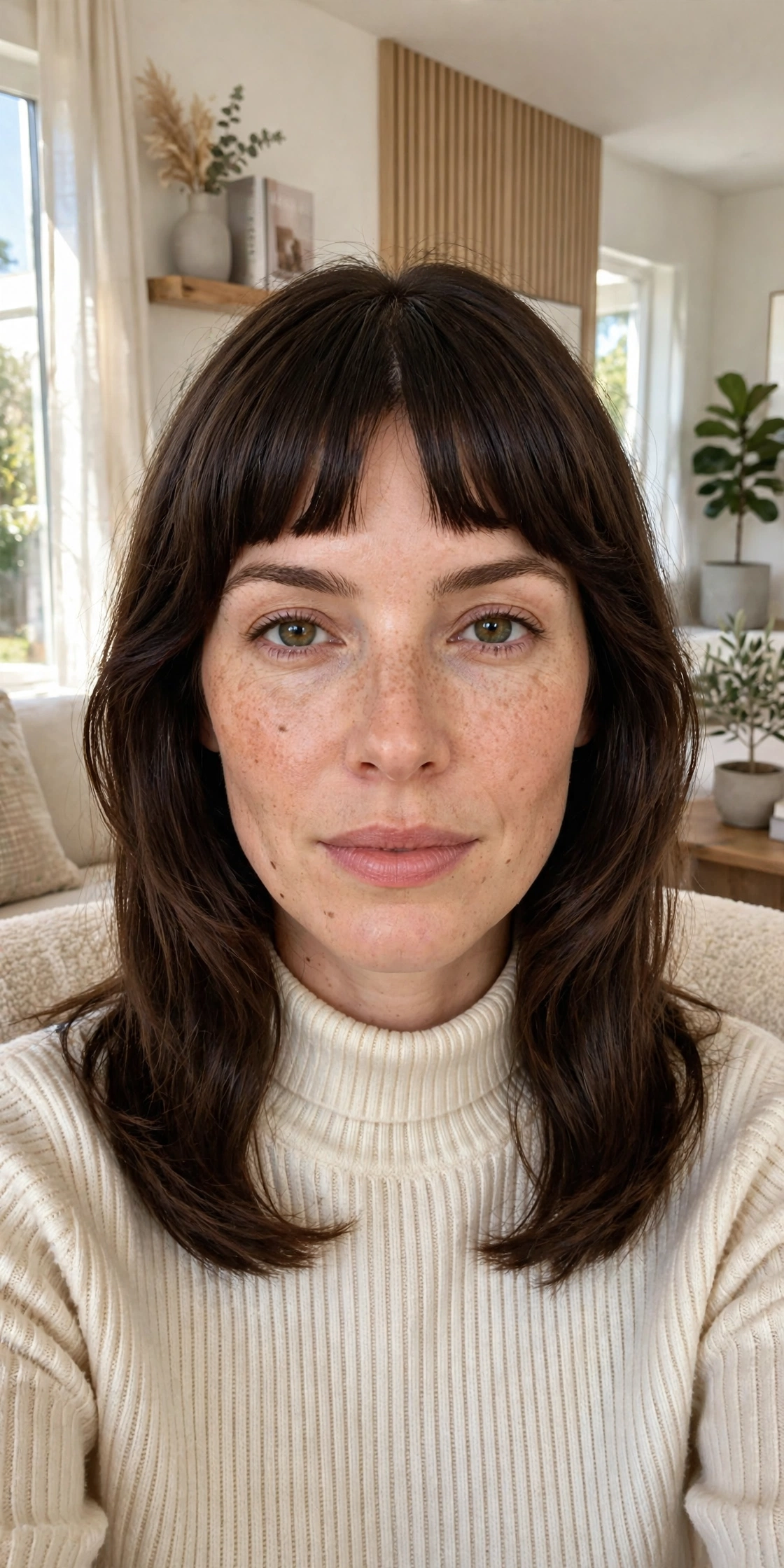 A woman with bottleneck bangs that read slightly more straight-across with a centre part than tapered, dark brown hair, sitting in a bright modern living room, photographed from the shoulders up in natural daylight, wearing a cream turtleneck sweater.