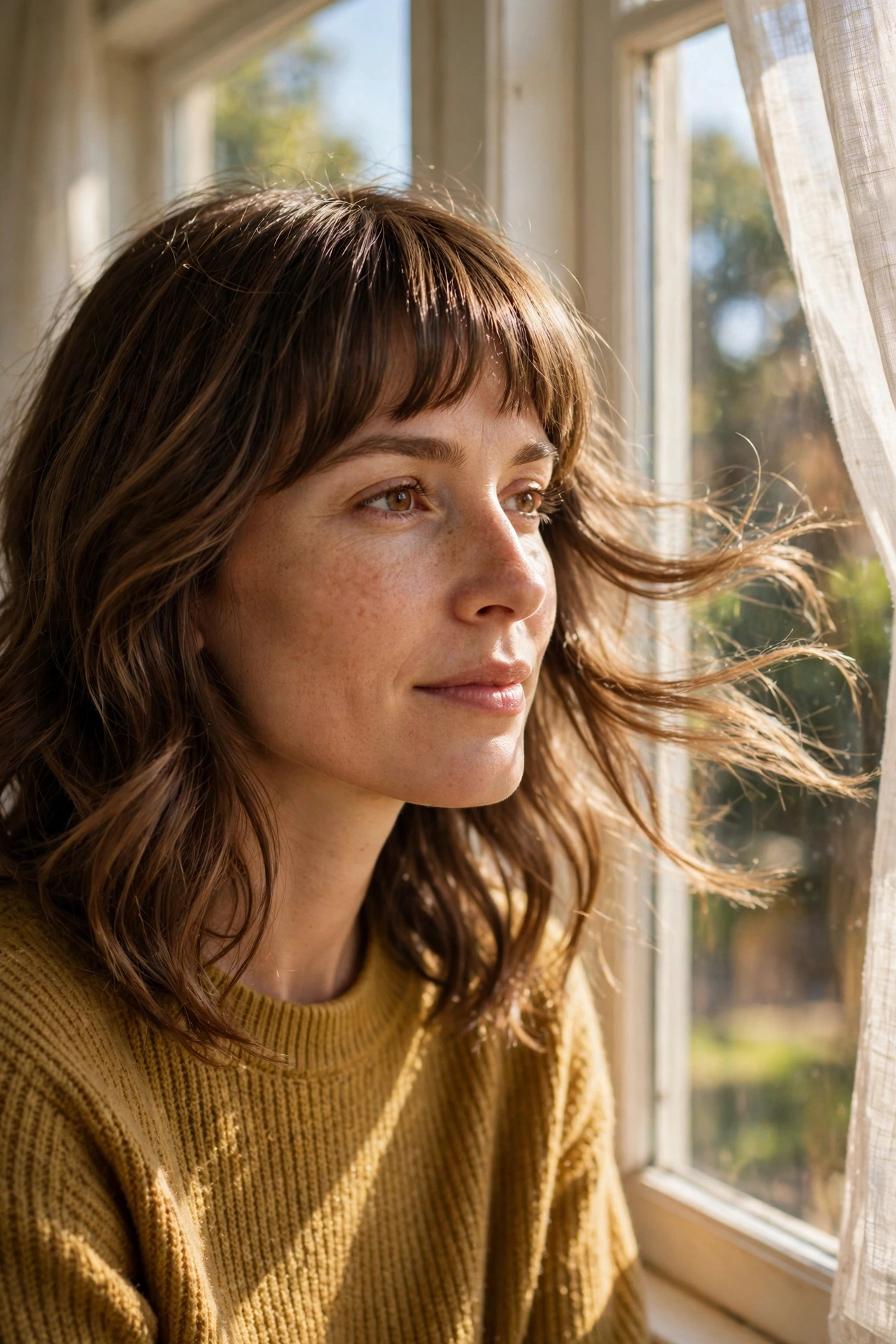 A woman with bottleneck bangs with a gentle wave, photographed by a sunny window, from the chest up, showing soft retro movement, wearing a mustard sweater.