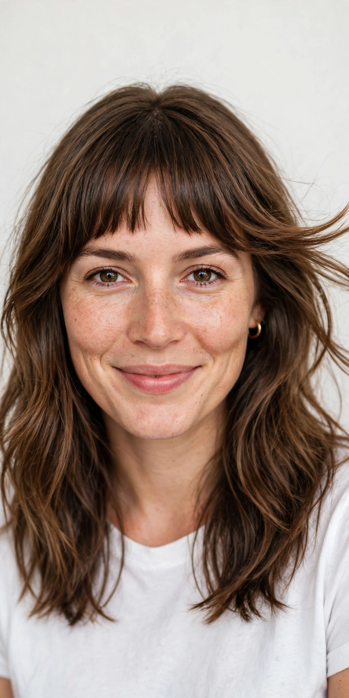A woman with bottleneck bangs with a wind-blown side sweep, photographed in a bright studio setting with a plain light background, facing the camera from the shoulders up, wearing a white top and a gold hoop earring.
