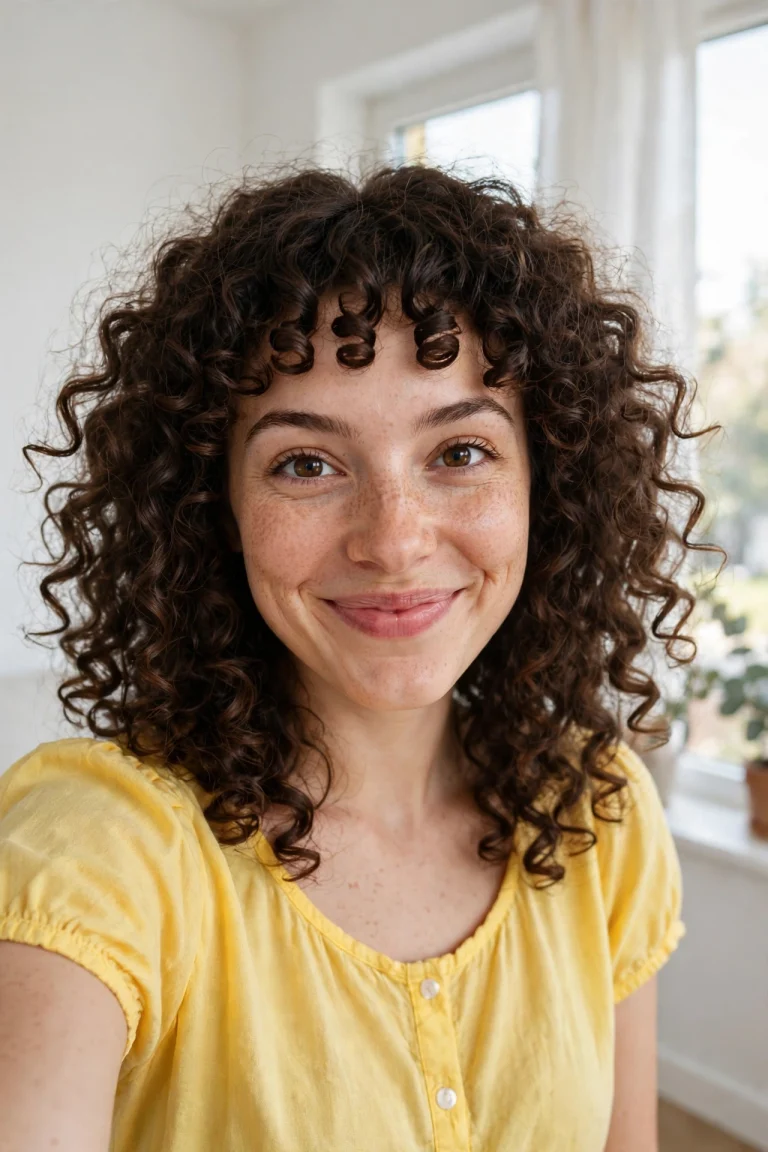 Woman with short, bouncy curly baby bangs above her eyebrows and voluminous curly hair, smiling playfully at the camera in a bright room with white walls and soft daylight from a large window, wearing a cheerful yellow top, front-facing chest-up portrait.