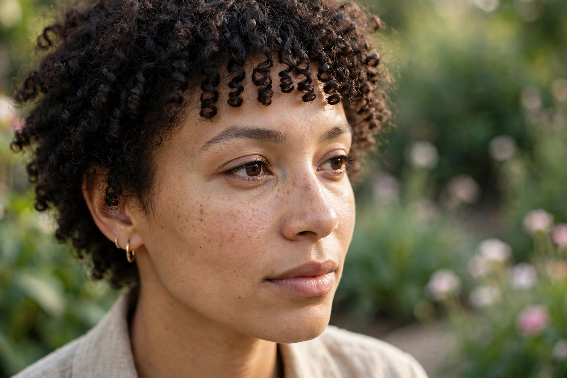 Close-up, three-quarter view of a woman with tiny popcorn-like curls forming a short baby fringe, photographed outdoors in gentle morning light against a soft, blurred garden background, focus on the fizzy curl texture across the forehead.