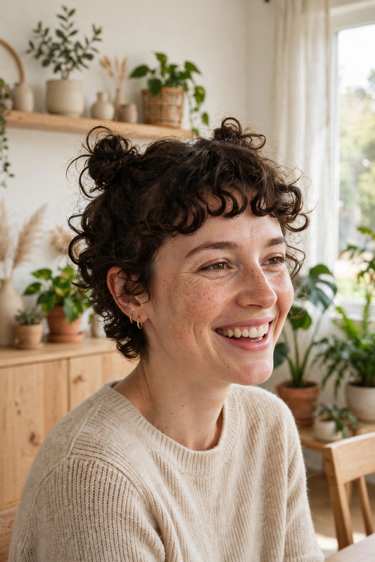 Woman with curly baby bangs and two mini space buns, laughing softly in a bright, modern living room with light wooden furniture and plants, shown from the shoulders up, facing slightly to the side.