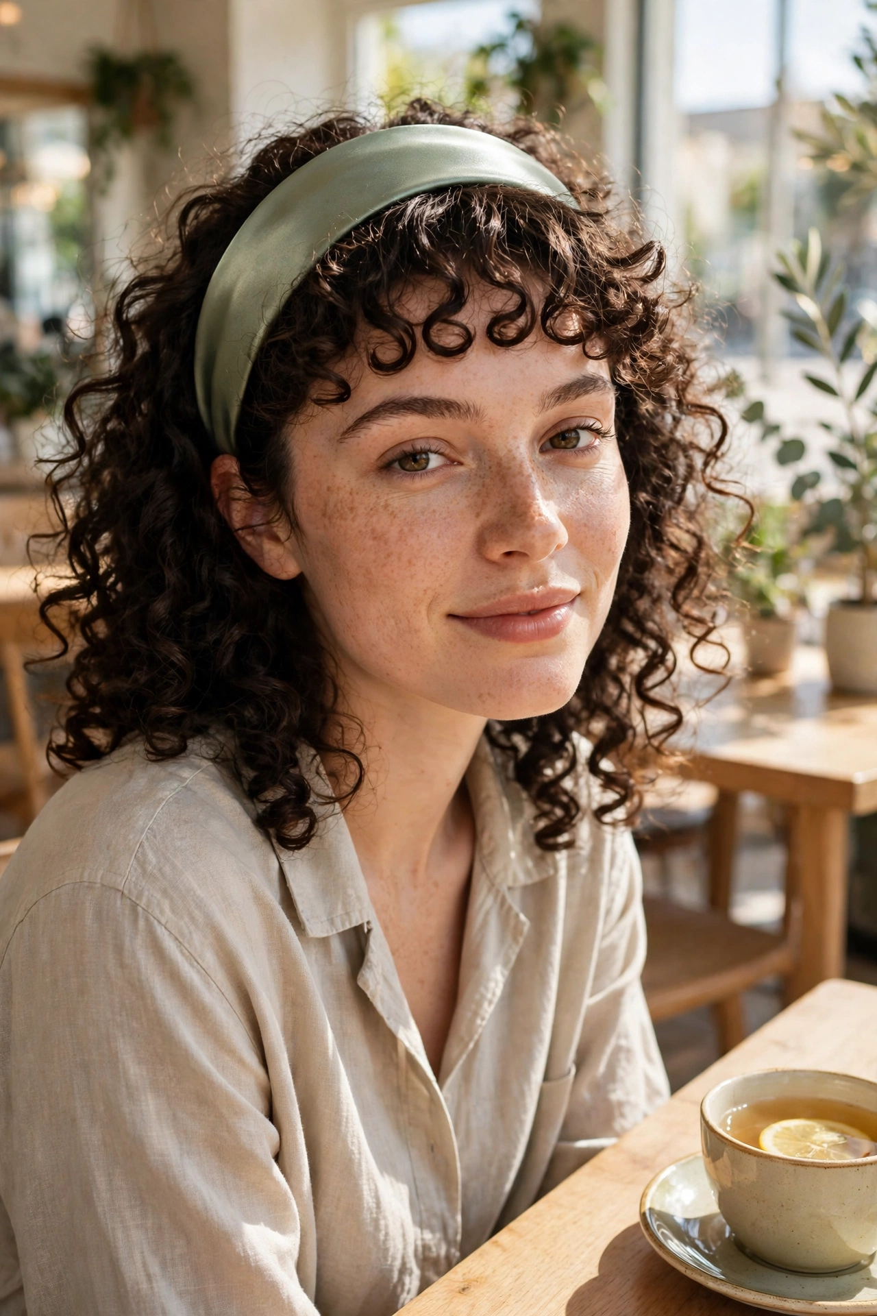 Woman with curly baby bangs and a wide satin headband, sitting in a sunny café with light wooden tables and a cup of tea nearby, relaxed chest-up portrait in warm, bright daylight.