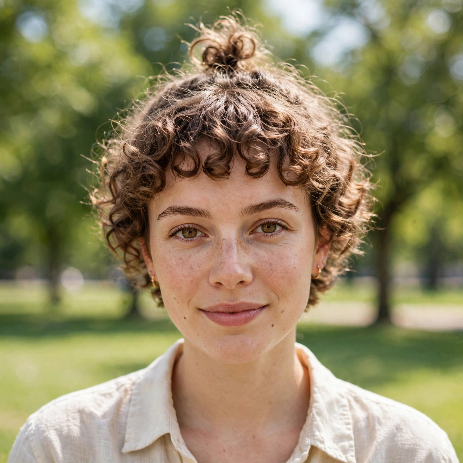 Woman with curly baby bangs and a tiny top knot, photographed outdoors on a bright day in a park with soft green trees blurred behind her, shown from the front, shoulders up.