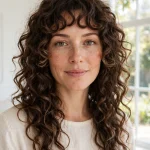Woman with growing curly bangs at cheekbone length blending into longer curls, standing in a bright, airy room with white walls and soft daylight from a large window, wearing a simple cream top, front-facing chest-up portrait.