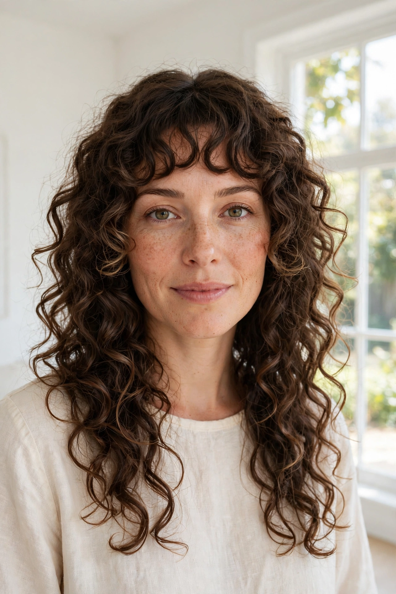Woman with growing curly bangs at cheekbone length blending into longer curls, standing in a bright, airy room with white walls and soft daylight from a large window, wearing a simple cream top, front-facing chest-up portrait.