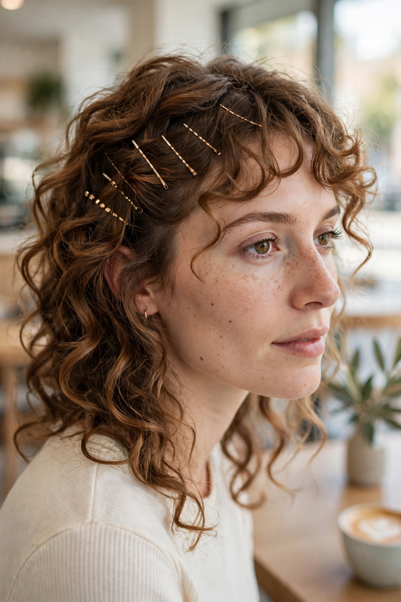 Close-up, three-quarter view of a woman with a softly pinned-back growing curly fringe and loose curls, photographed in a bright café with soft daylight, focus on the gentle pins and blended lengths.