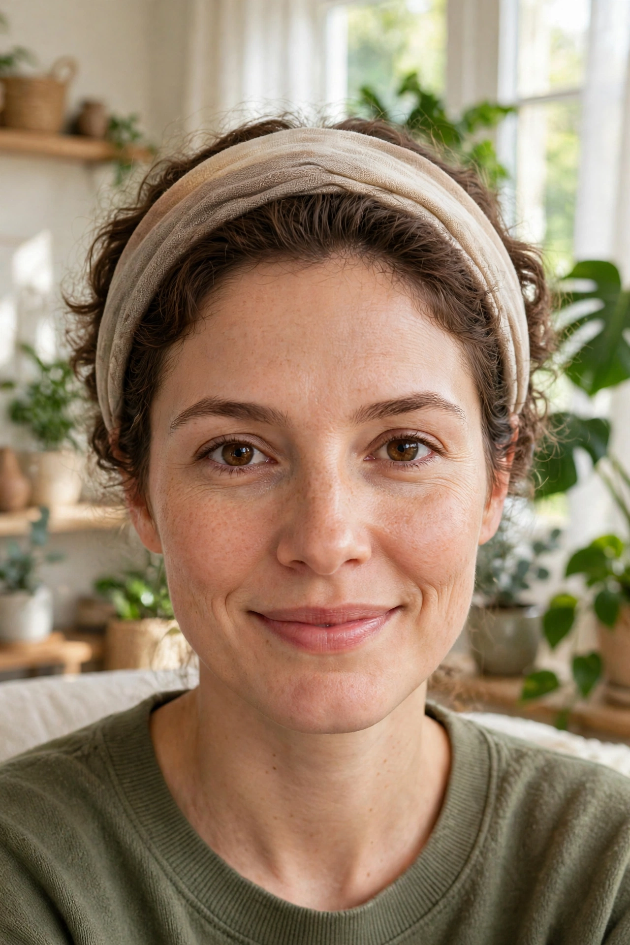 Woman with a headband transition style and growing curly bangs pushed back softly, sitting in a bright living room with plants and morning light, shown from the shoulders up, facing the camera with a gentle smile.
