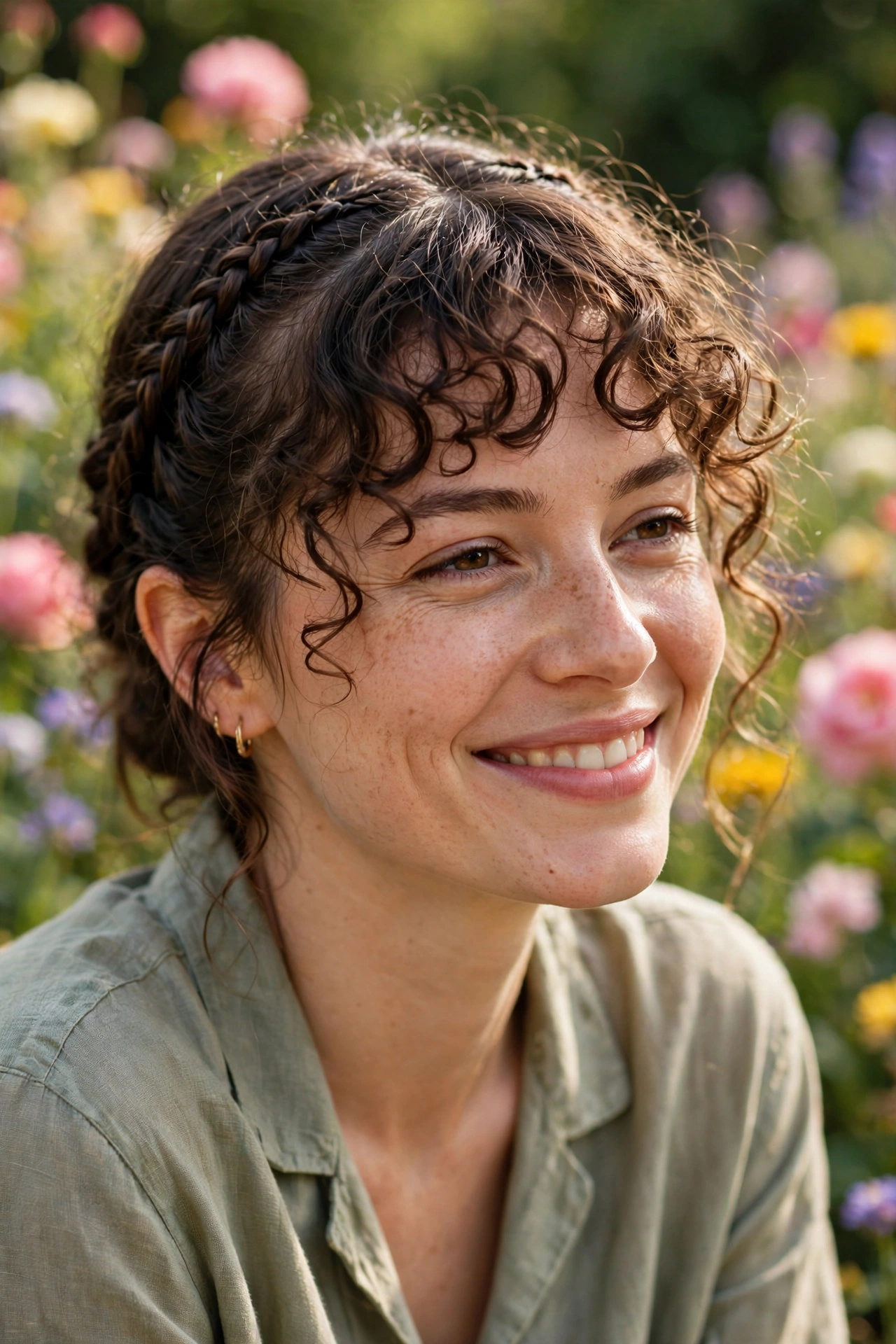 Woman with braided front sections blending a growing curly fringe, laughing softly outdoors in a bright garden with flowers blurred behind her, relaxed chest-up portrait in warm daylight.