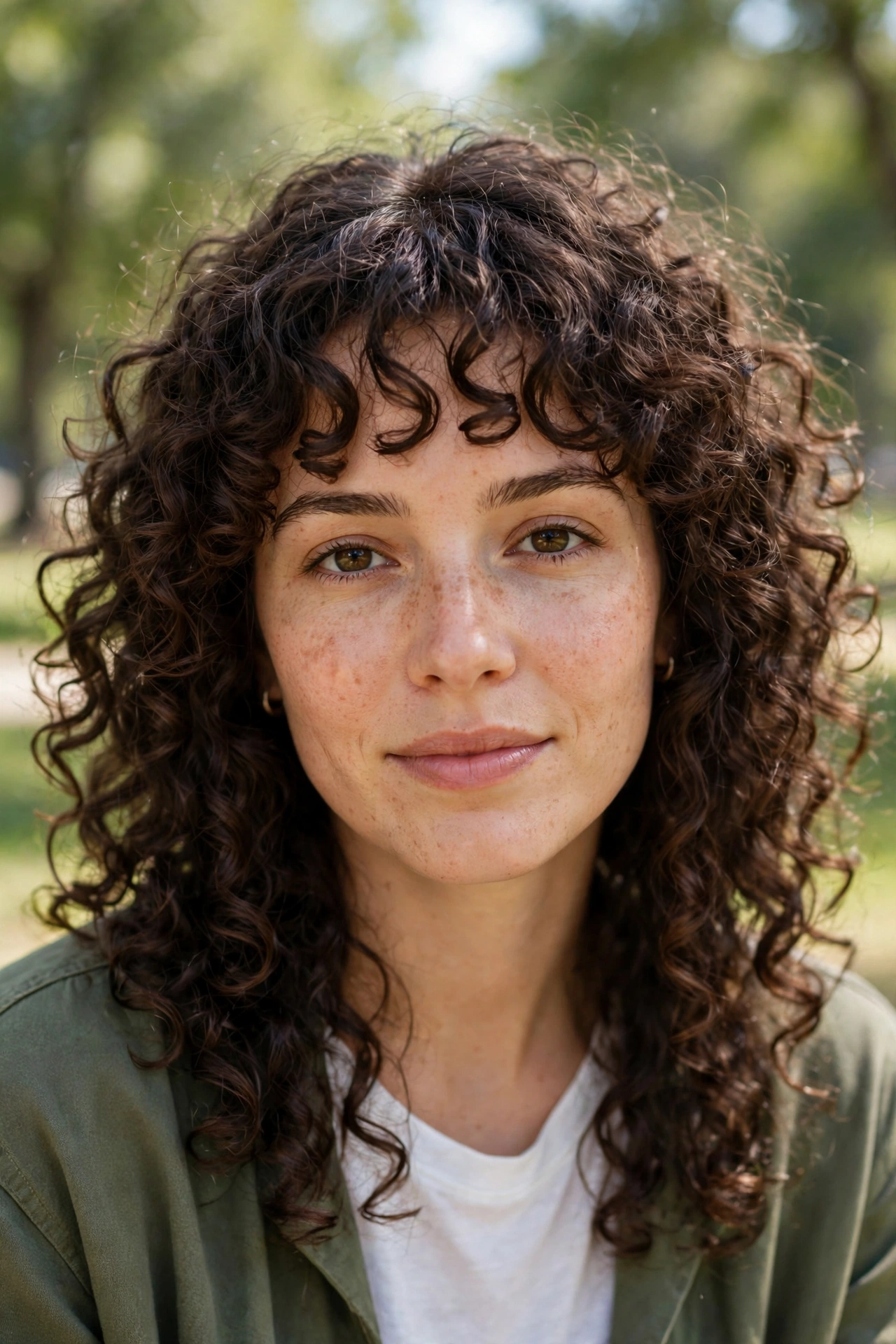 Woman with a final blend-in finish, where grown curly bangs have become soft face-framing layers, photographed outdoors on a bright day in a park with green trees blurred behind her, shown from the front, shoulders up.