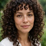 Woman with defined curly bangs and voluminous curls, standing outdoors on a humid summer morning with soft, diffused daylight and green foliage blurred behind her, wearing a light white top and looking gently at the camera, front-facing chest-up portrait.